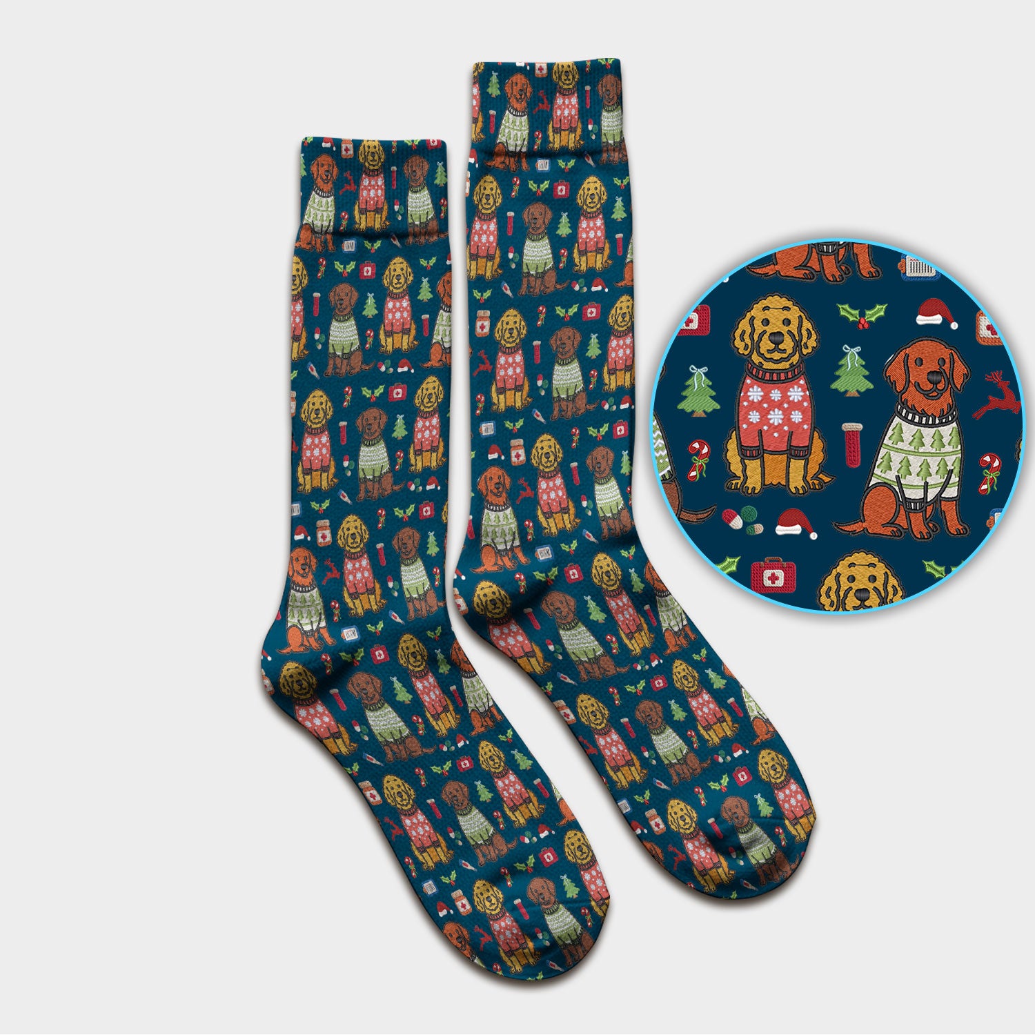 Golden Retriever Christmas Scrub Socks, Cute Holiday Dog Nurse Pattern Sock, Breathable Fabrics Nursing Uniform