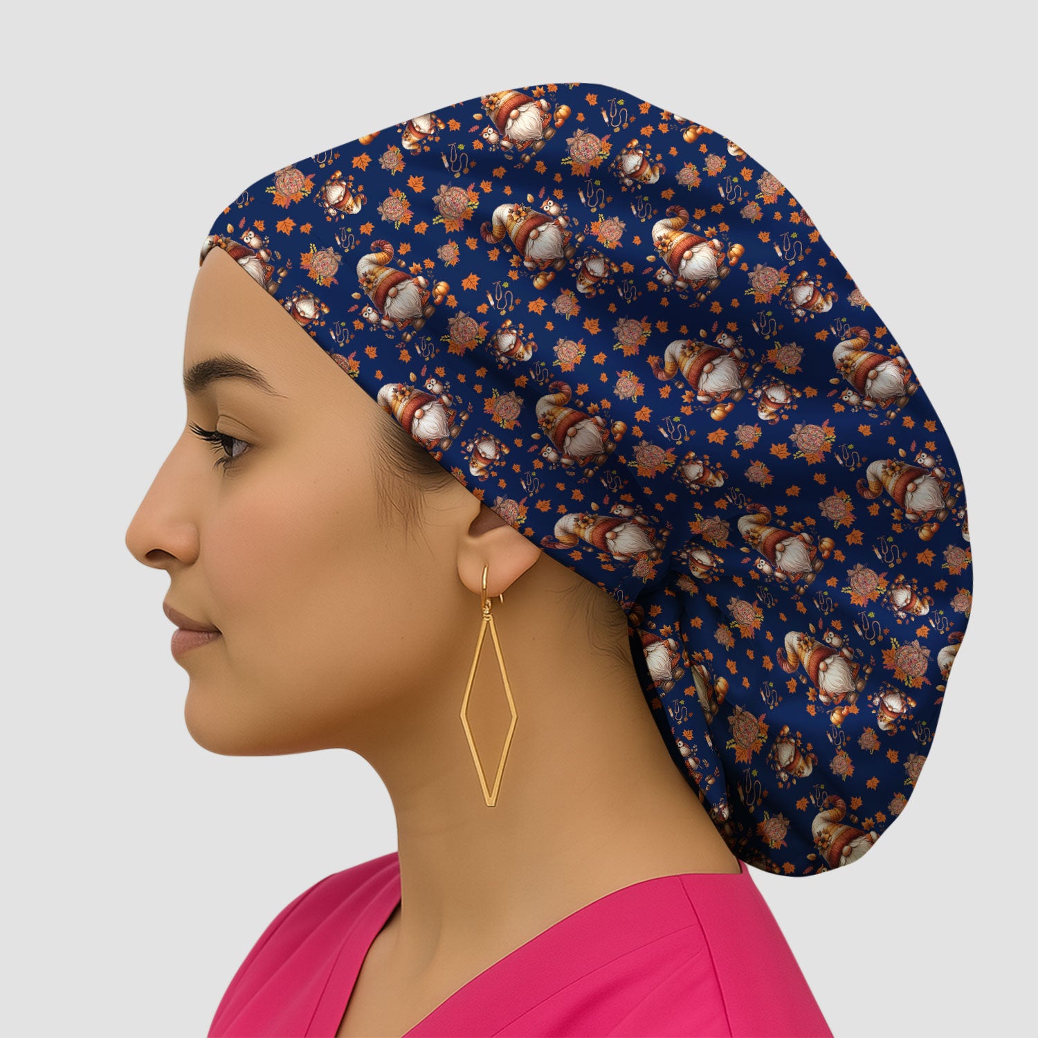 Autumn Leaves Pumpkin Bouffant Scrub Caps for Women - Thanksgiving Surgical Caps for Doctors - Gnome Lover Gift for Her