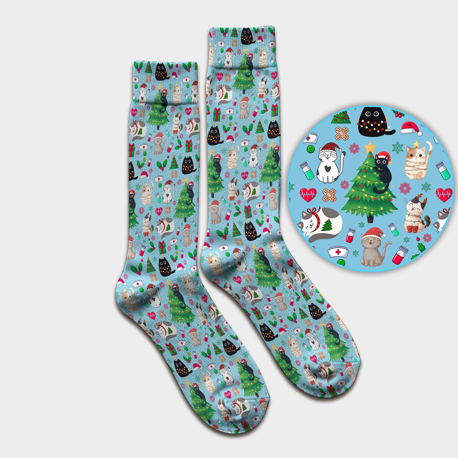 Christmas Cat Scrub Socks, Xmas Pet Pattern Scrub Sock, Breathable Fabrics Nursing Uniform