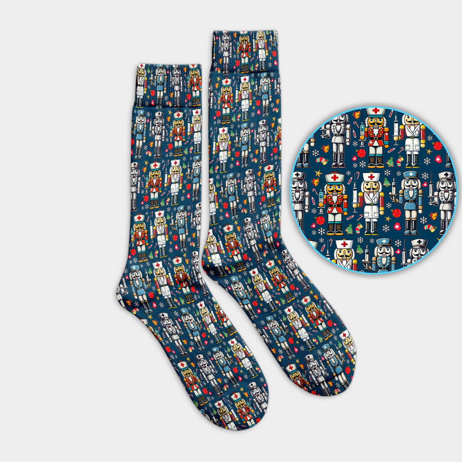 Funny Nutcracker Christmas Socks – Cute Holiday Nurse Pattern Sock – Festive Medical Uniform for RN, LPN, CNA, and Healthcare Workers