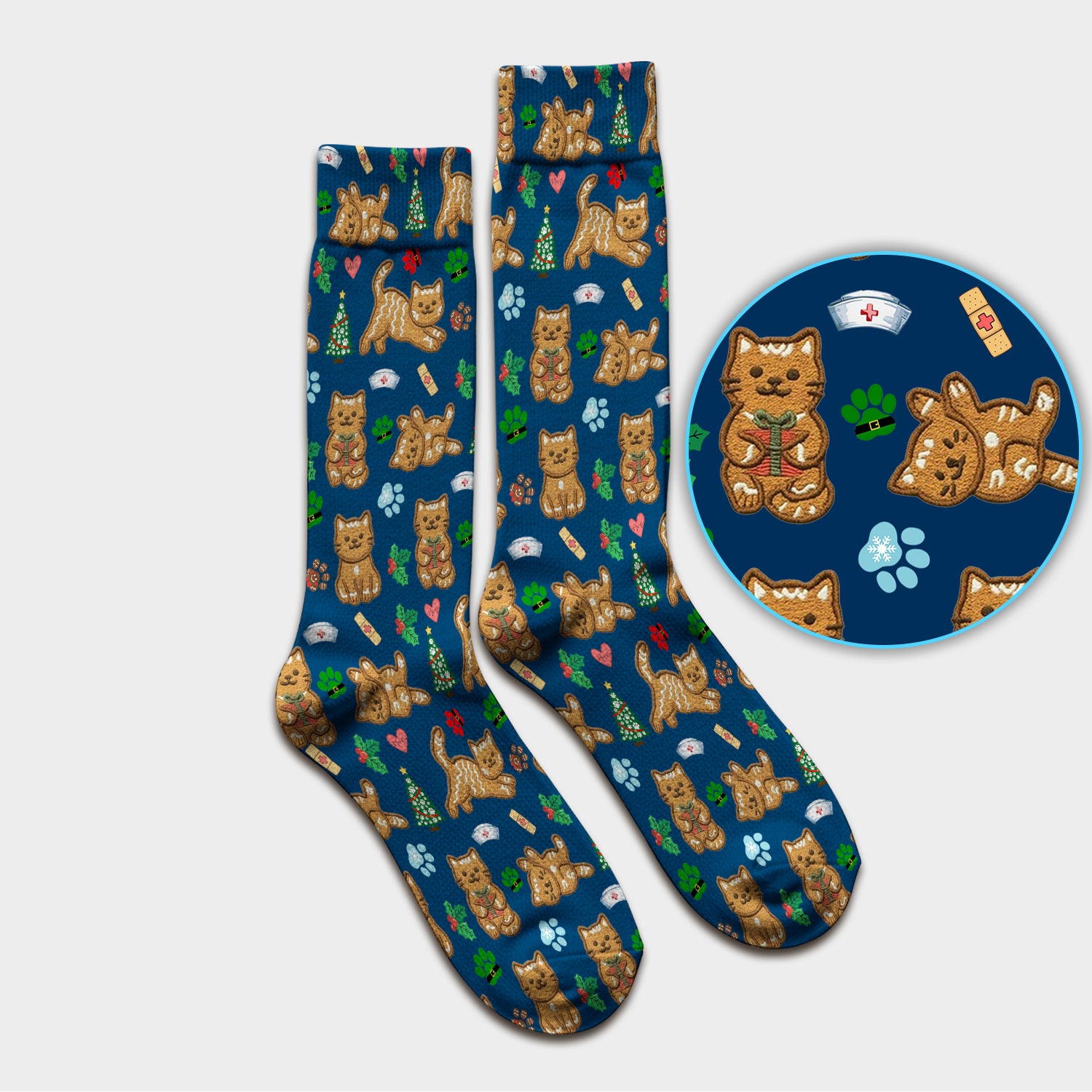 Gingerbread Cat Christmas Scrub Socks, Cute Holiday Kitty Medical Uniform Sock For Nursing, Festive Nurse Pattern