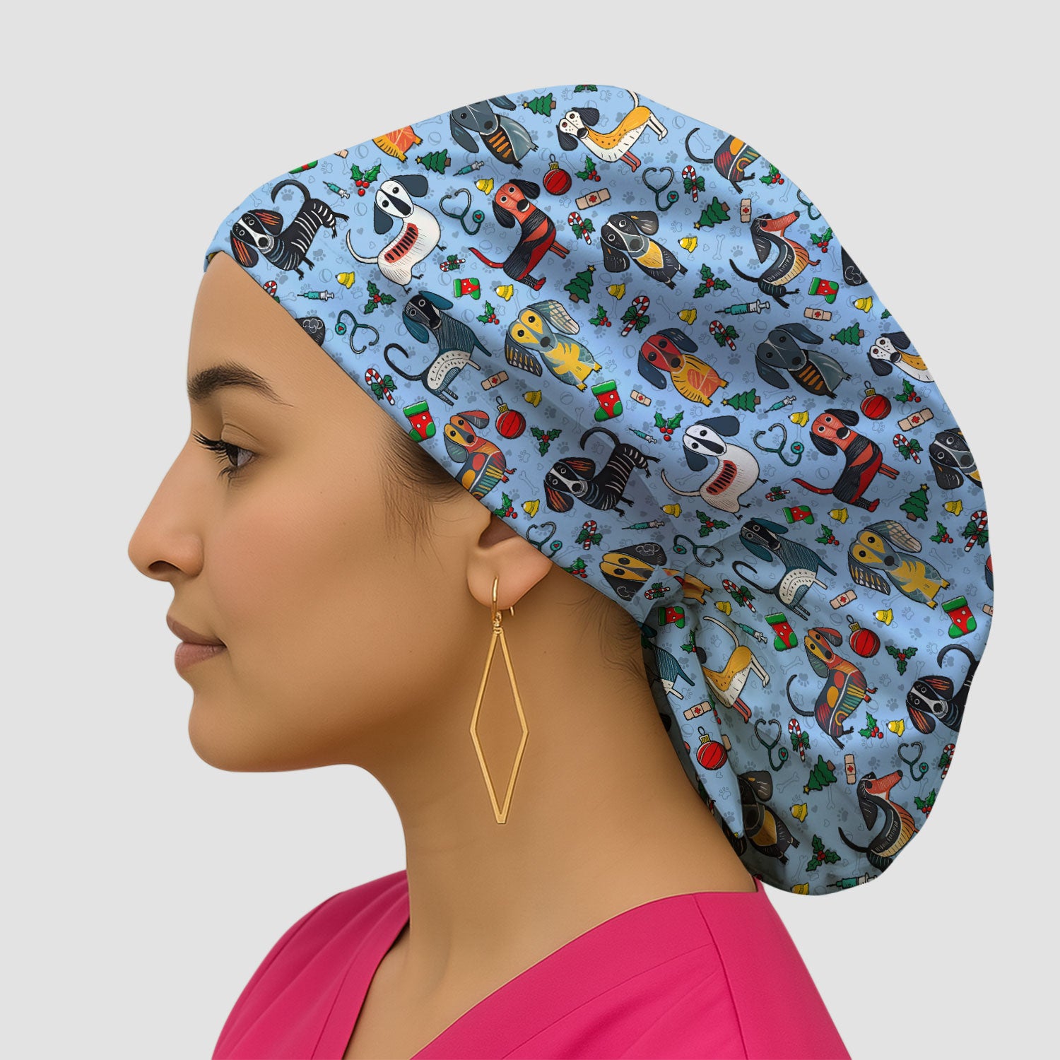 Christmas Wiener Dog Bouffant Scrub Caps for Women - Dachshund Holiday Nursing Gift - Breathable Fabrics Caps Uniform