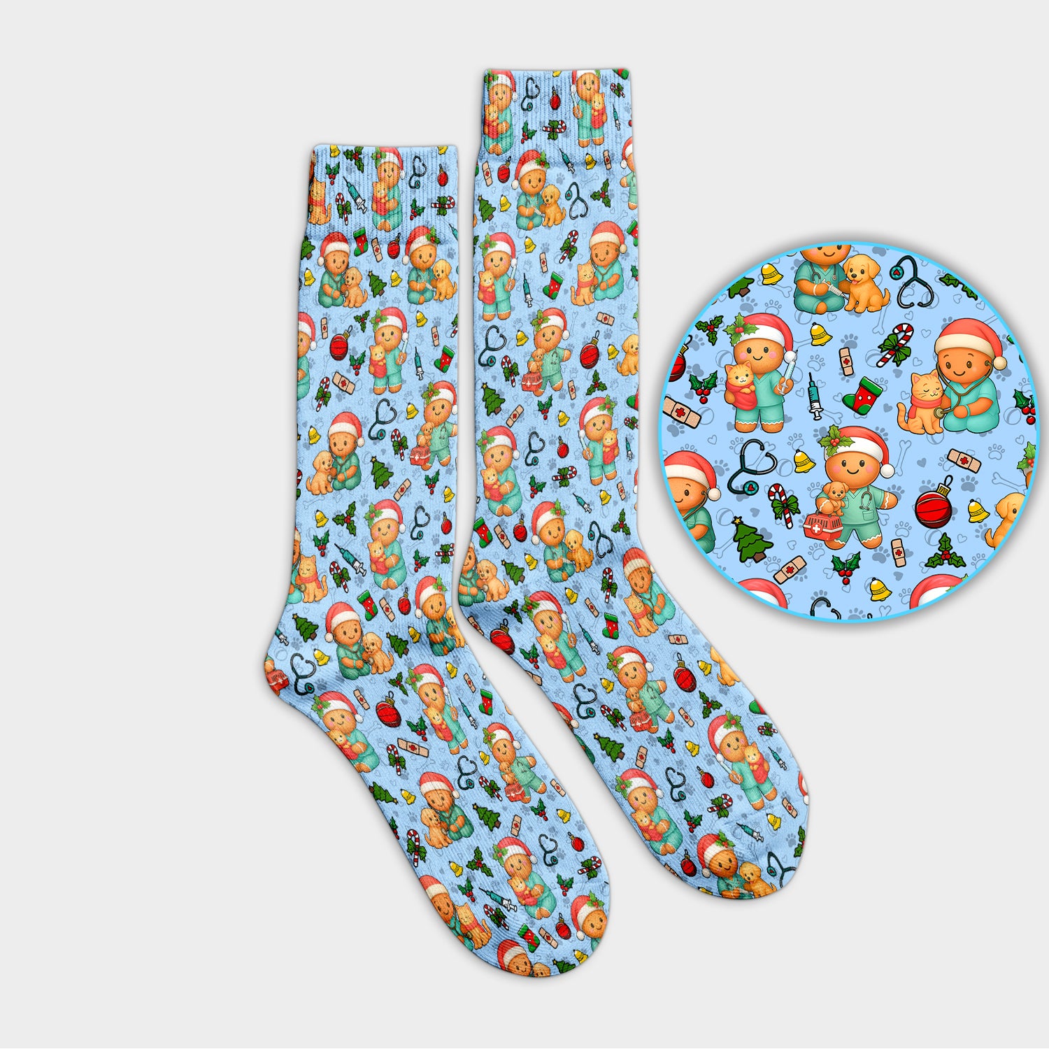 Cute Pharmacy Christmas Socks – Funny Gingerbread Nurse Print Socks – Festive Holiday Medical Uniform for Pharmacy Tech and Doctor