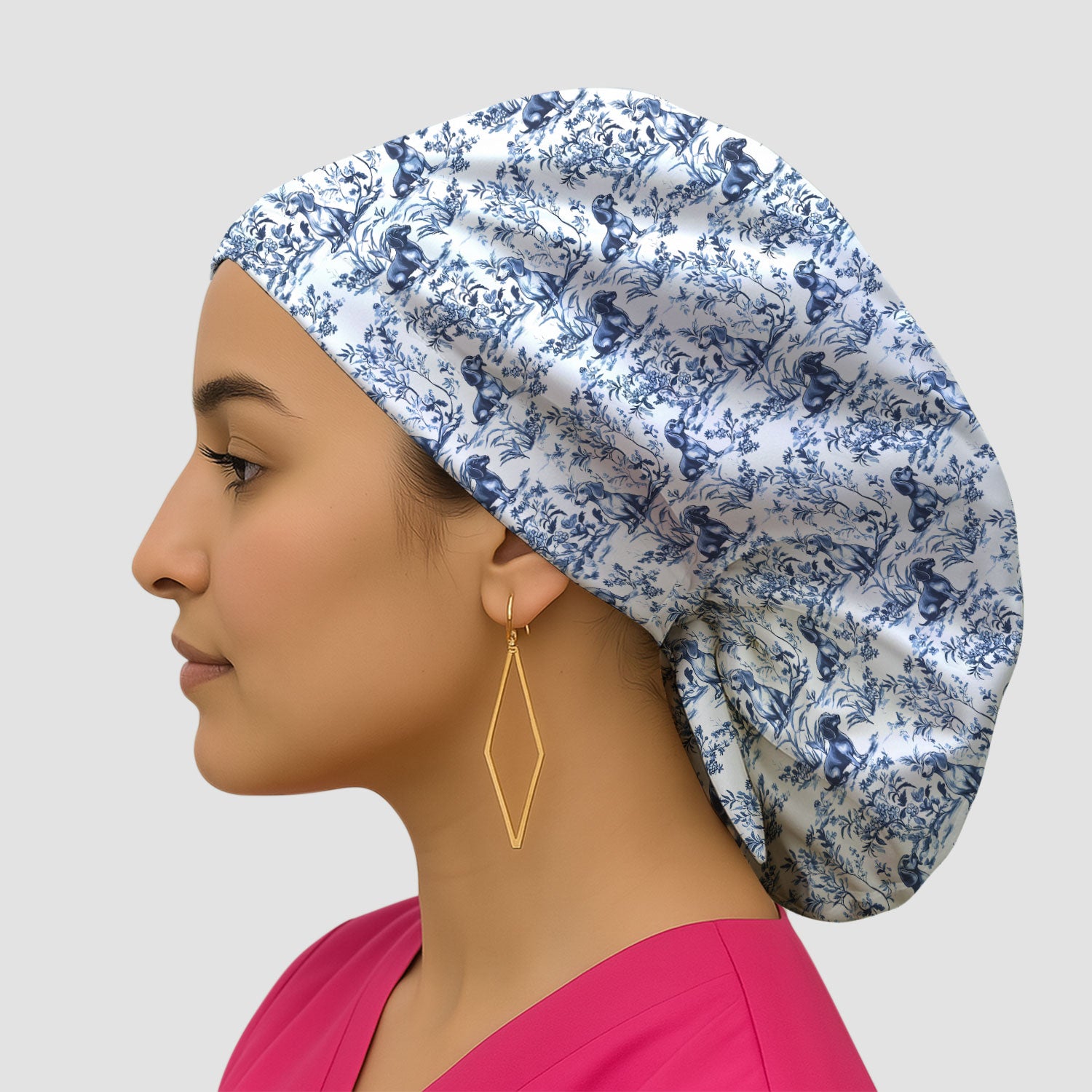 Toile de Jouy Dog Scrub Cap – Elegant Blue Dachshund Pattern – Cute Medical Uniform for Nurses, Vets, and Animal Care Workers