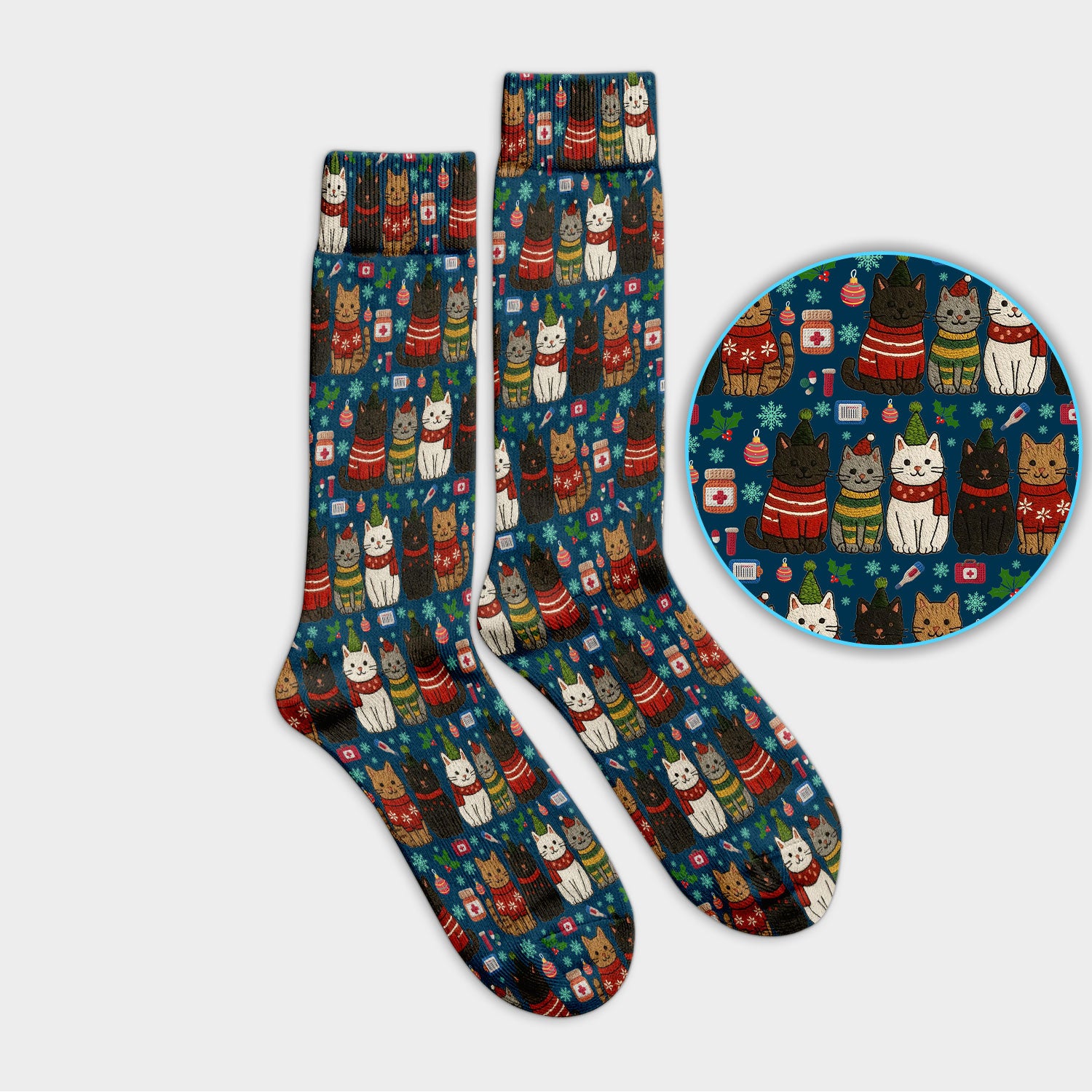 Christmas Cat Nurse Socks, Funny Holiday Medical Socks, Cute RN Gift For Nurses, Cat Lover Xmas Socks