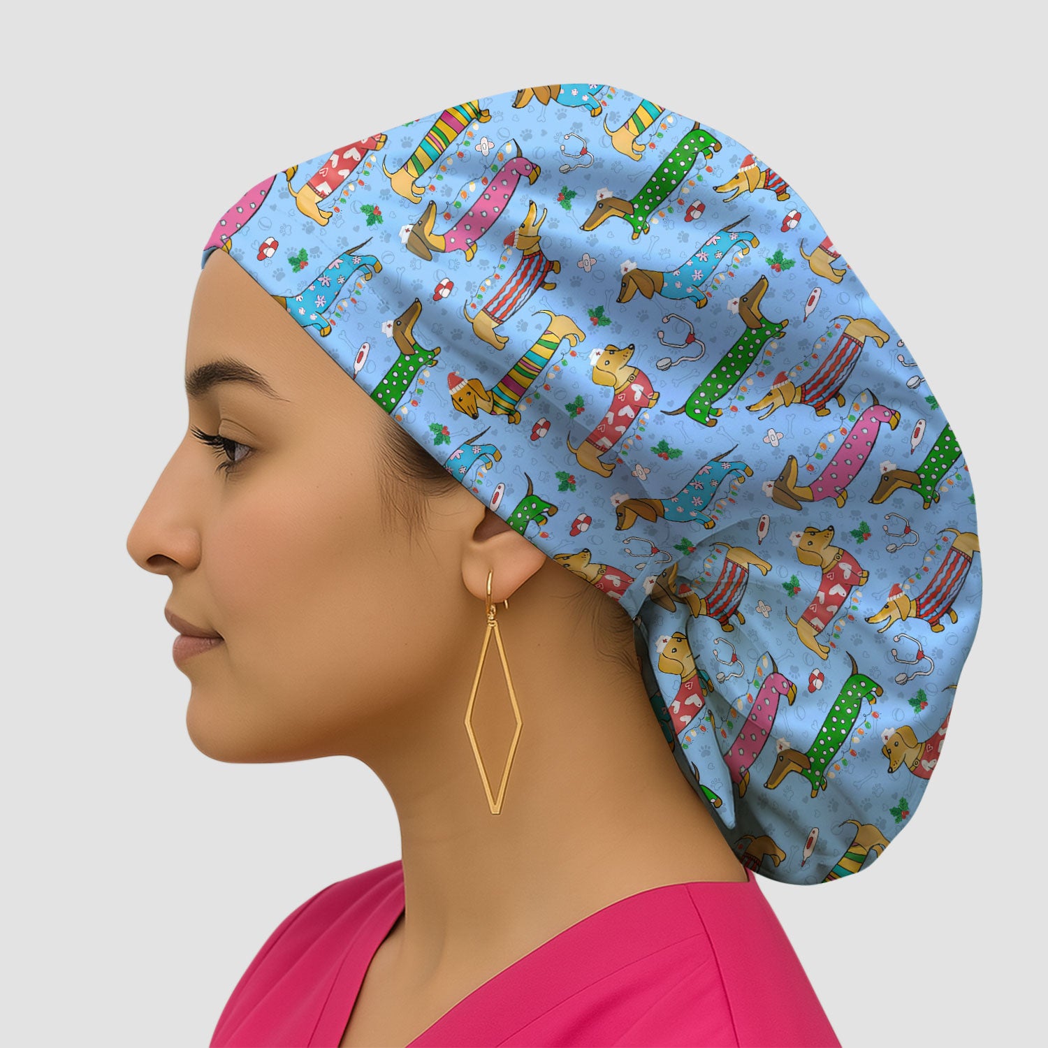 Funny Dachshund Bouffant Scrub Caps for Women - Cute Wiener Dog Holiday Nursing Gift - Puppy Lover Gift