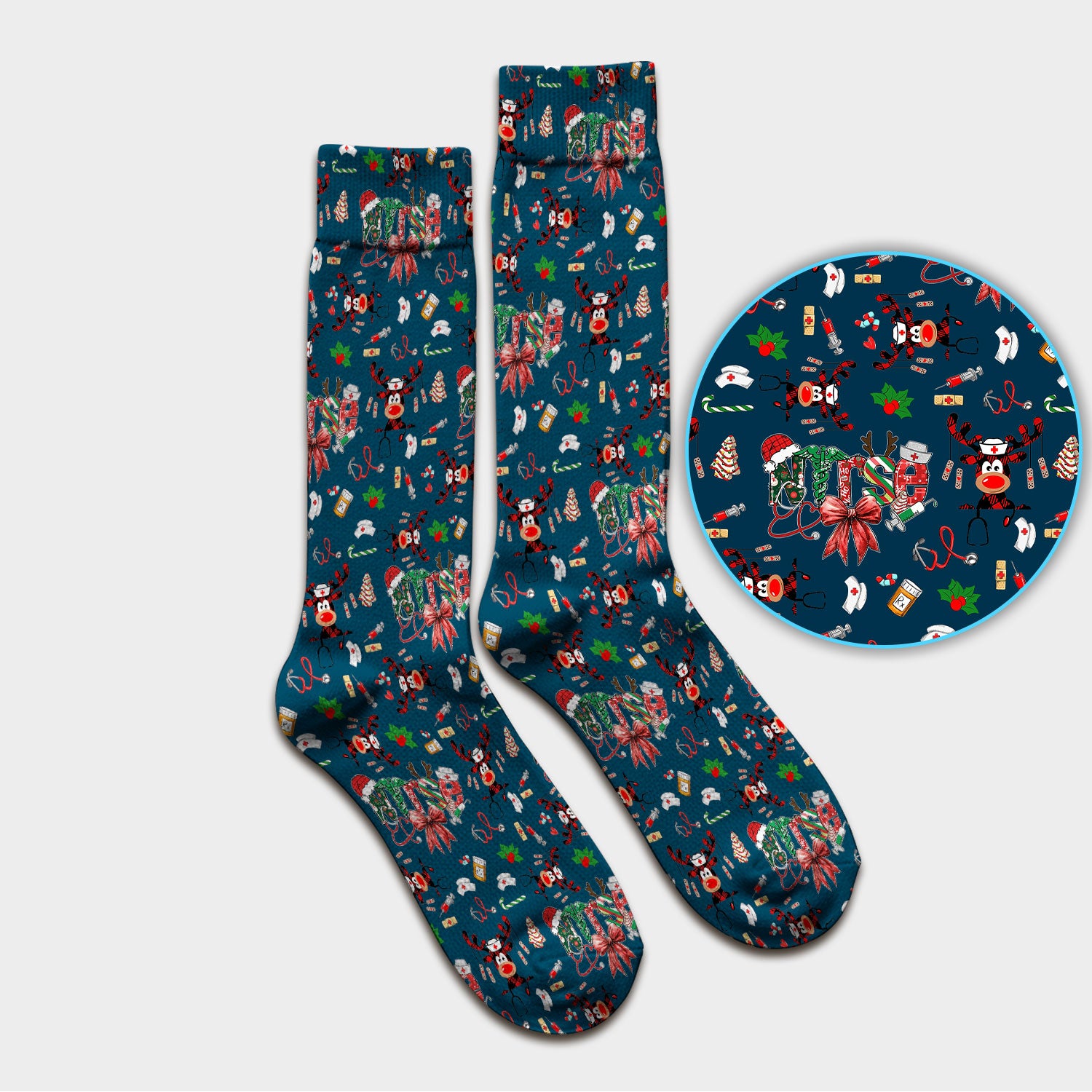 Whimsical Reindeer Christmas Scrub Socks – Festive Holiday Reindeer Pattern – Cute Medical Uniform for Nurses, Vets and Healthcare Workers