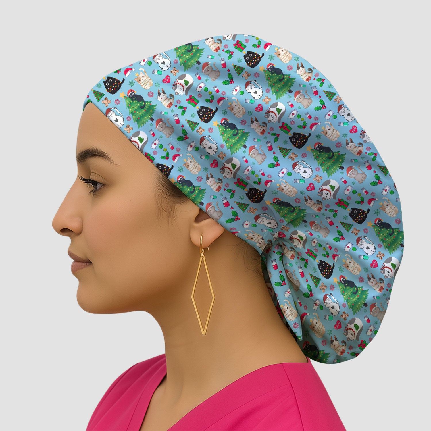 Christmas Cat Scrub Hat, Xmas Pet Pattern Scrub Cap, Breathable Fabrics Nursing Uniform