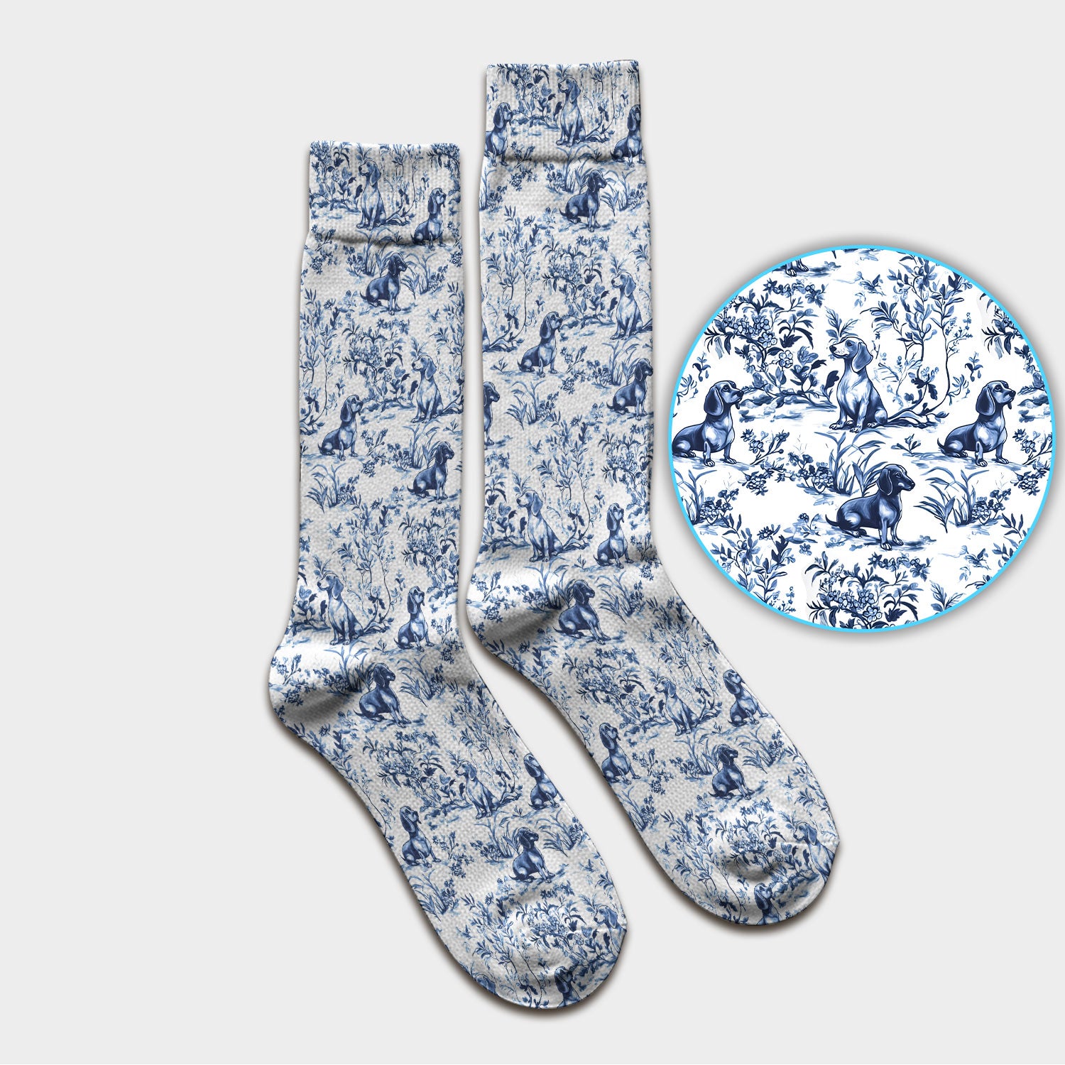 Toile de Jouy Dog Scrub Socks – Elegant Blue Dachshund Pattern – Cute Medical Uniform for Nurses, Vets, and Animal Care Workers