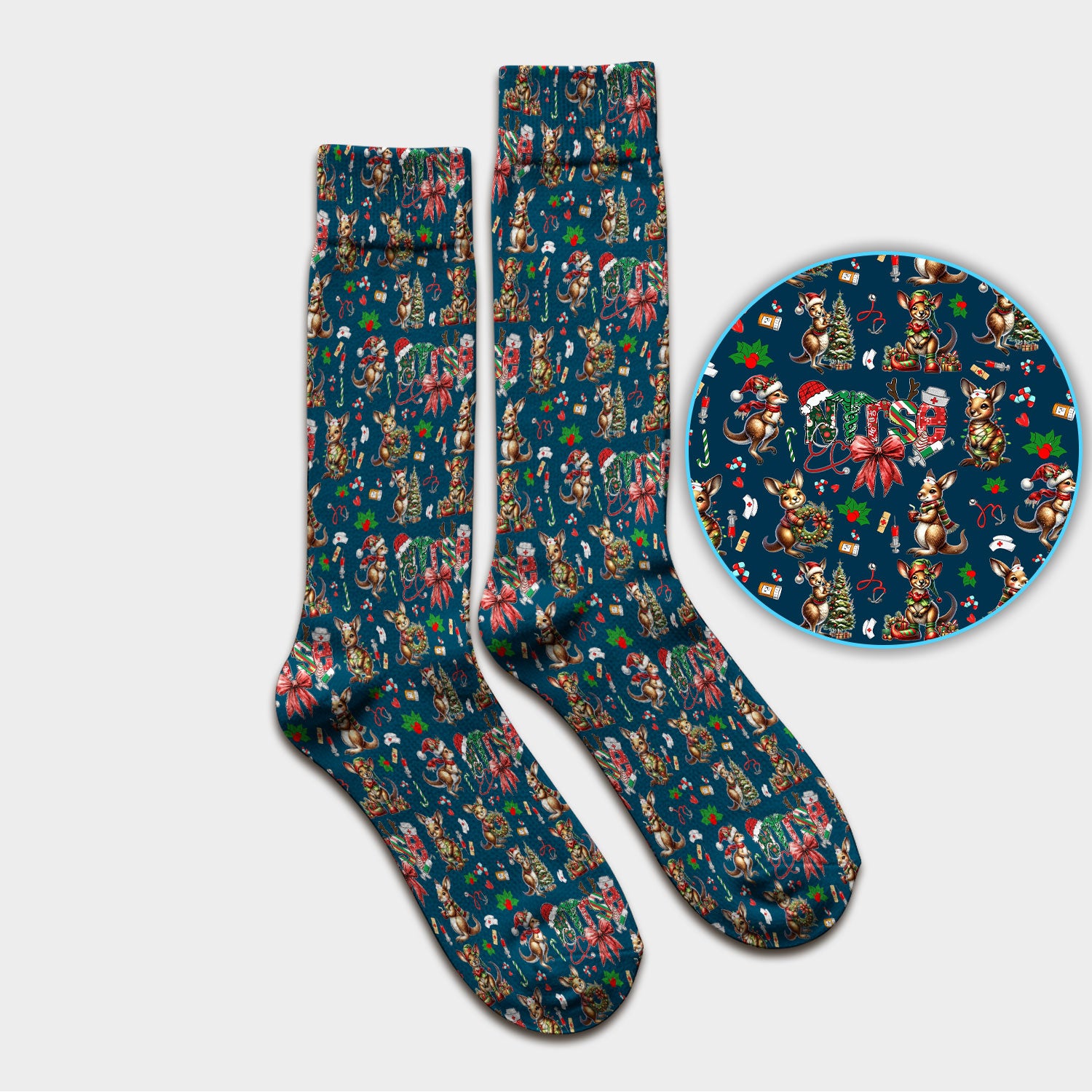 Whimsical Kangaroo Christmas Scrub Socks – Festive Australian Animals Holiday Pattern – Cute Medical Uniform for Nurses, Vets & Healthcare Workers