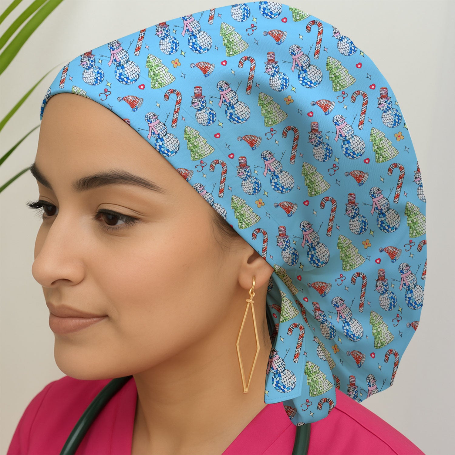Funny Christmas Snowman Bouffant Scrub Caps for Women - Surgical Caps for Doctors - Breathable Fabrics Caps Uniform - Xmas Gift for RN LPN CNA