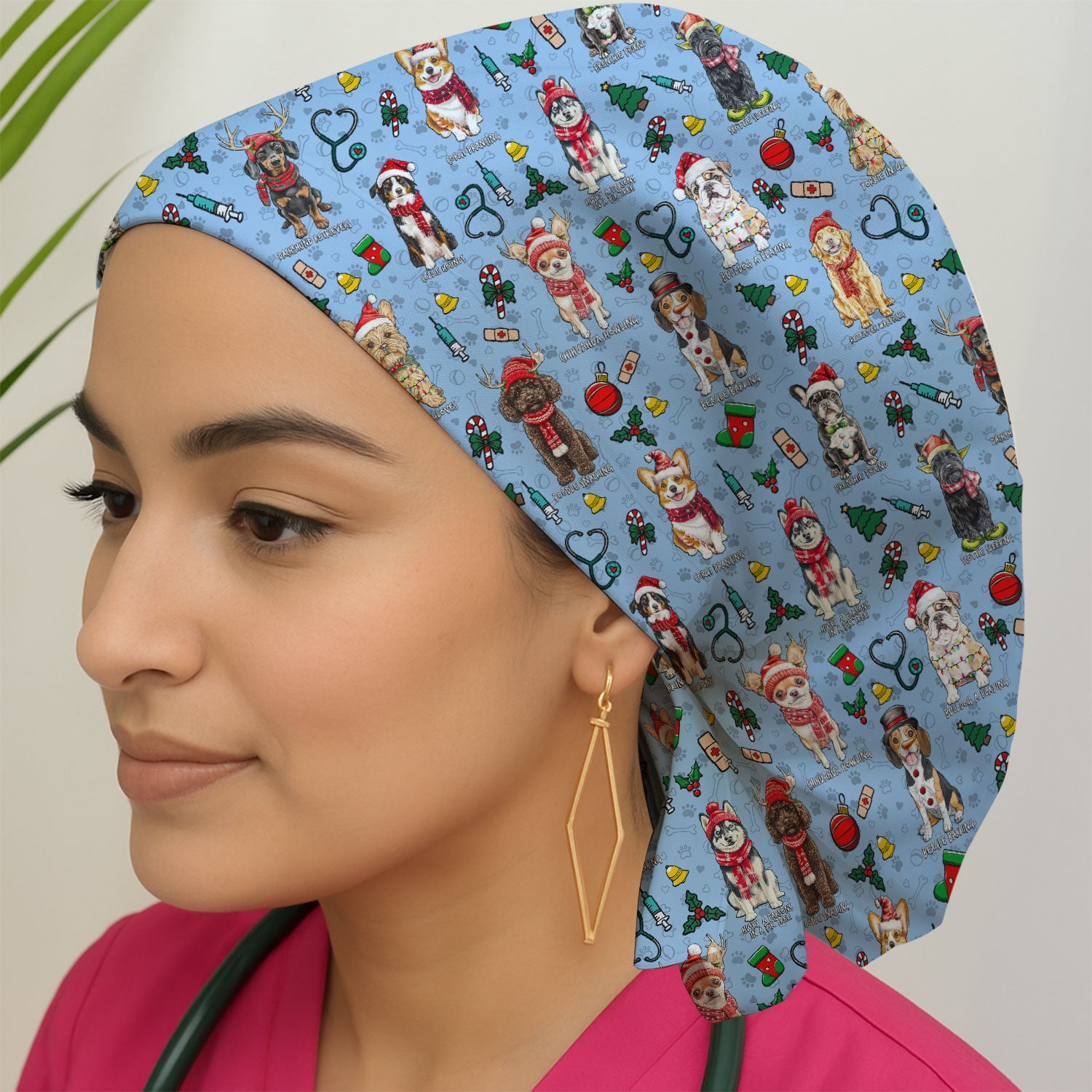 Cute Christmas Dog Bouffant Scrub Caps for Women - Corgi, Dachshund, Husky, Poodle & Labrador Surgical Caps for Doctors - Breathable Fabrics Caps Uniform