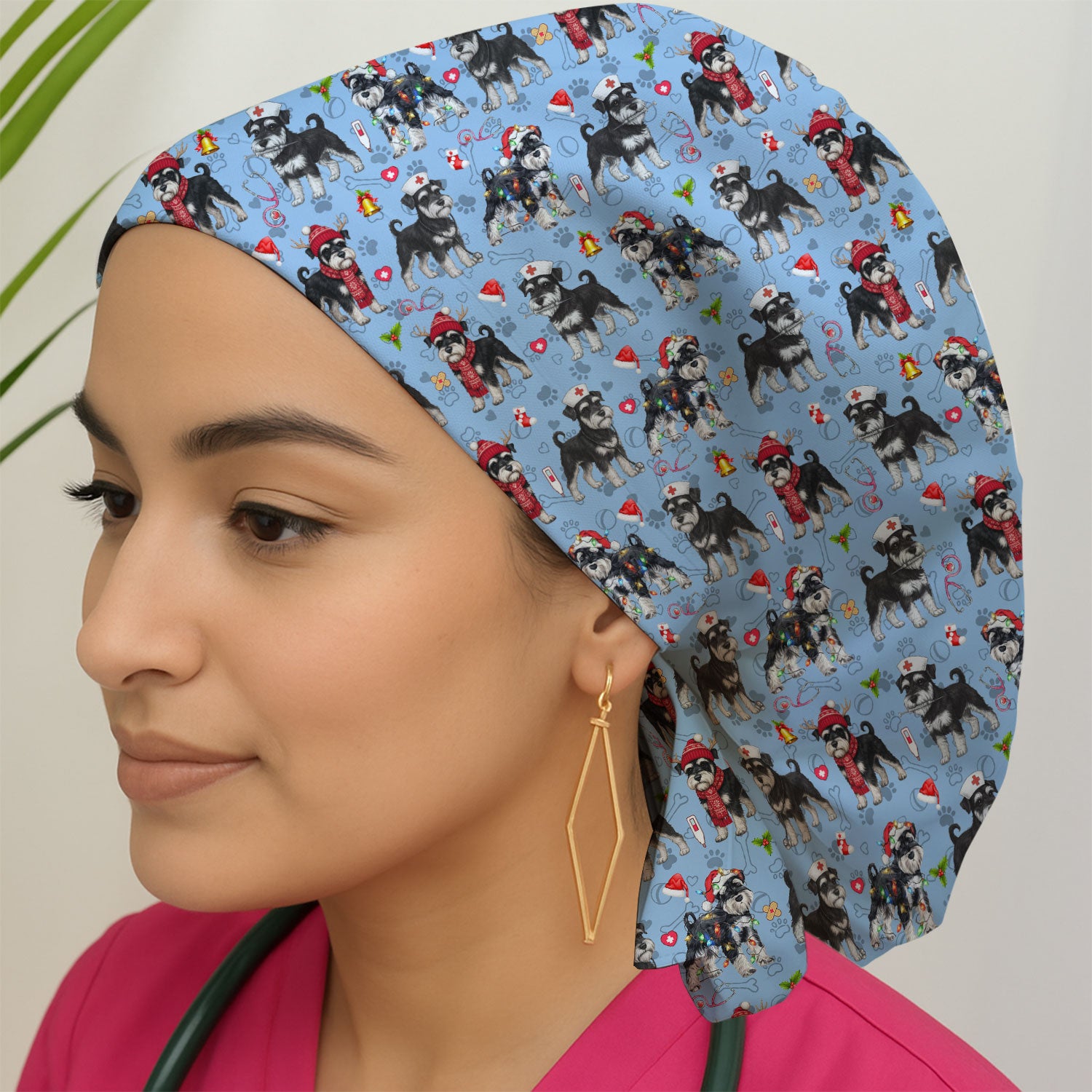 Christmas Schnauzer Bouffant Scrub Caps for Women - Cute Dog Holiday Gift - Breathable Fabrics Caps Uniform