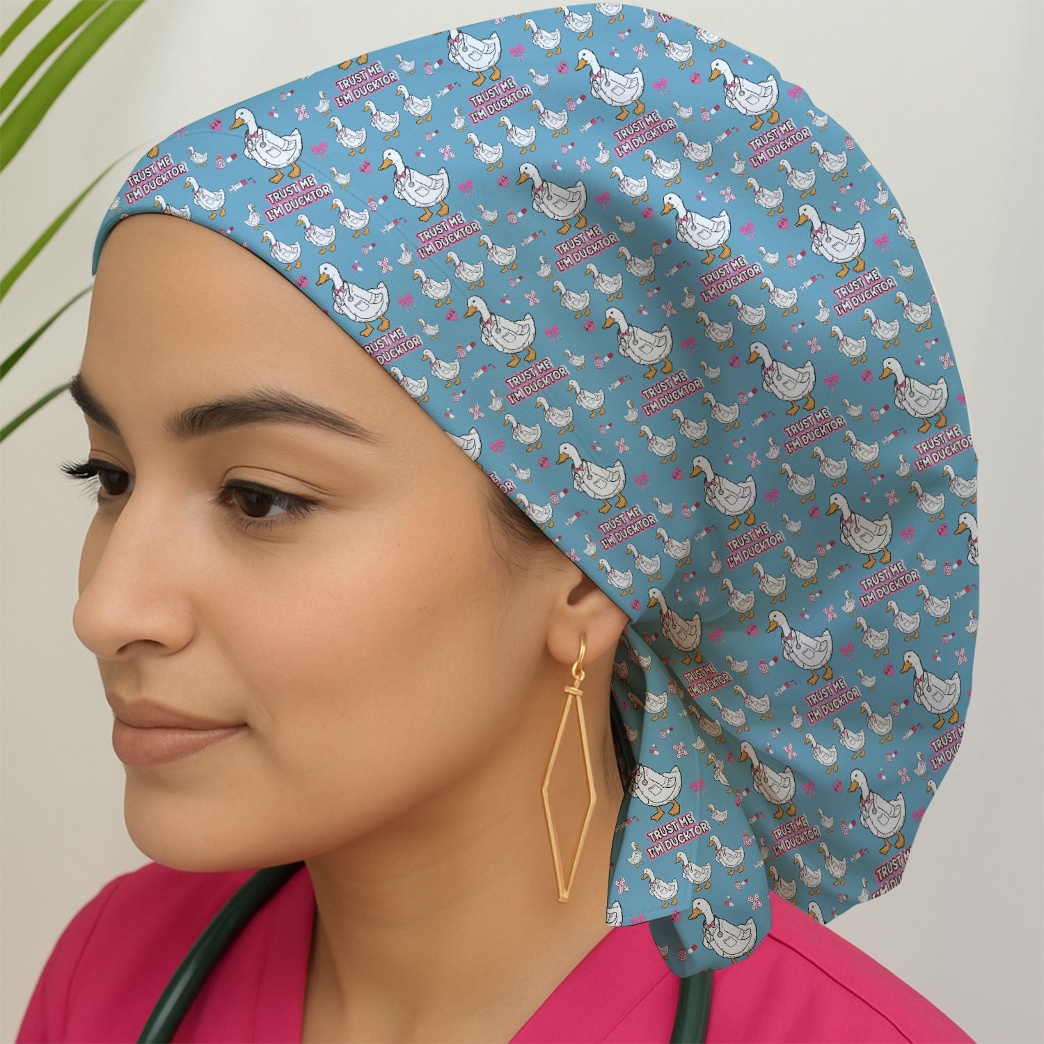 Trust Me I'm Ducktor Scrub Cap, Funny Duck Pattern Scrub Hat, Breathable Fabrics Nursing Uniform For Women
