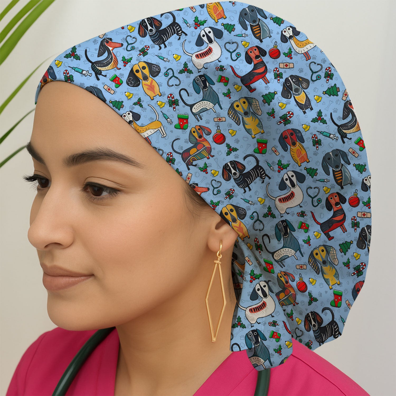 Christmas Wiener Dog Bouffant Scrub Caps for Women - Dachshund Holiday Nursing Gift - Breathable Fabrics Caps Uniform