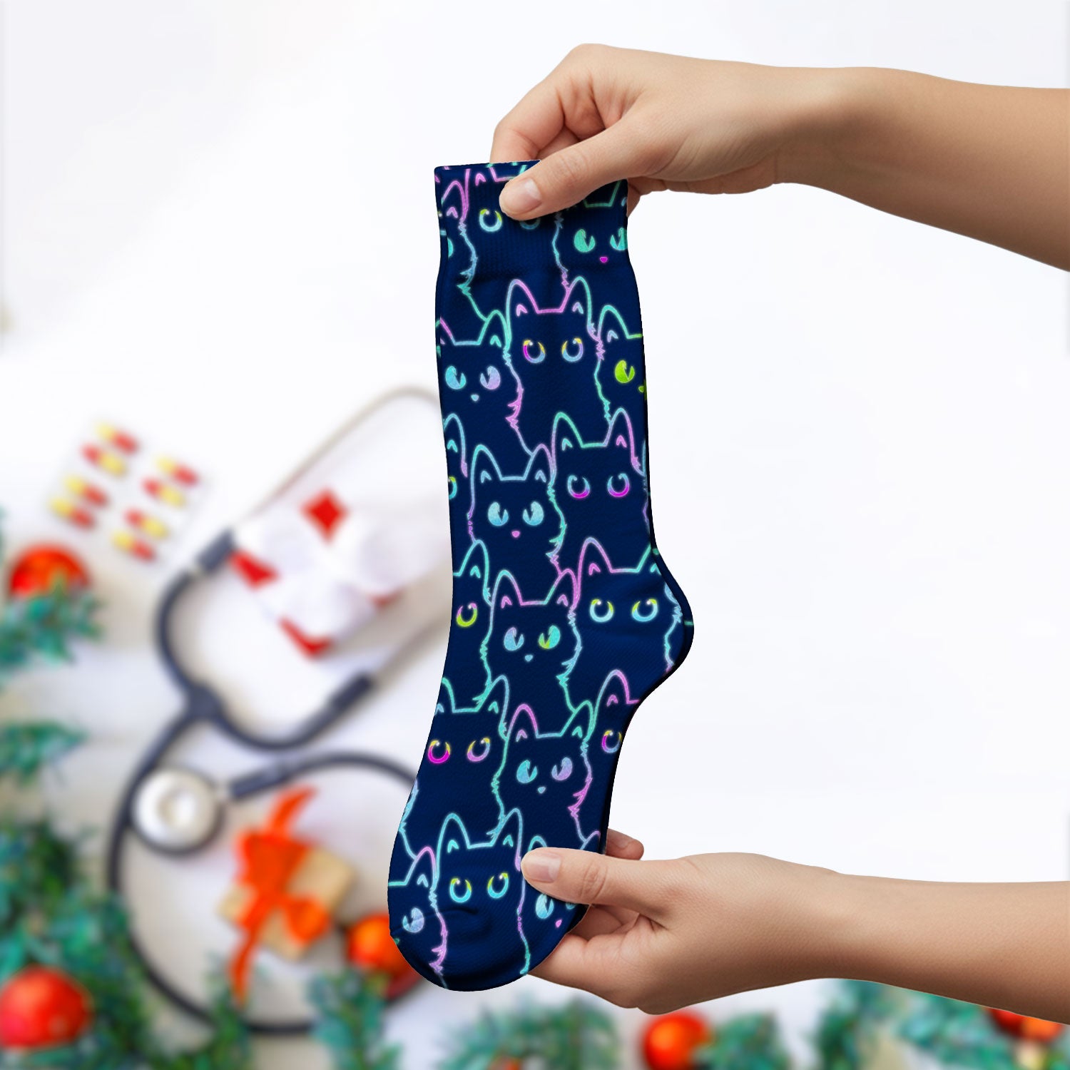 Neon Cat Pattern Scrub Socks, Black Cat Scrub Sock, Breathable Fabrics Nursing Uniform