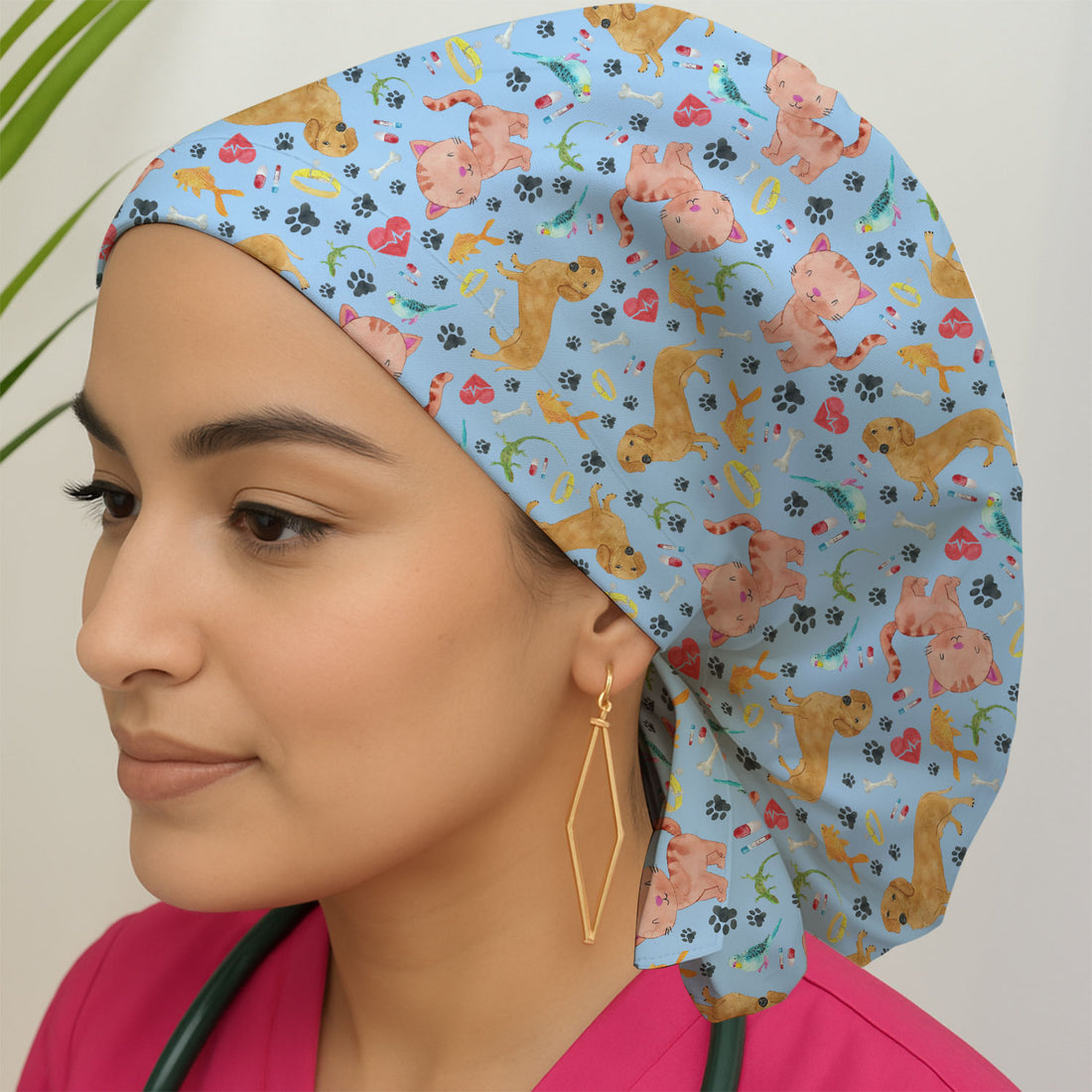 Cute Cat Dog Bouffant Scrub Caps for Women - Funny Veterinary Surgical Caps for Doctors - Breathable Fabrics Caps Uniform