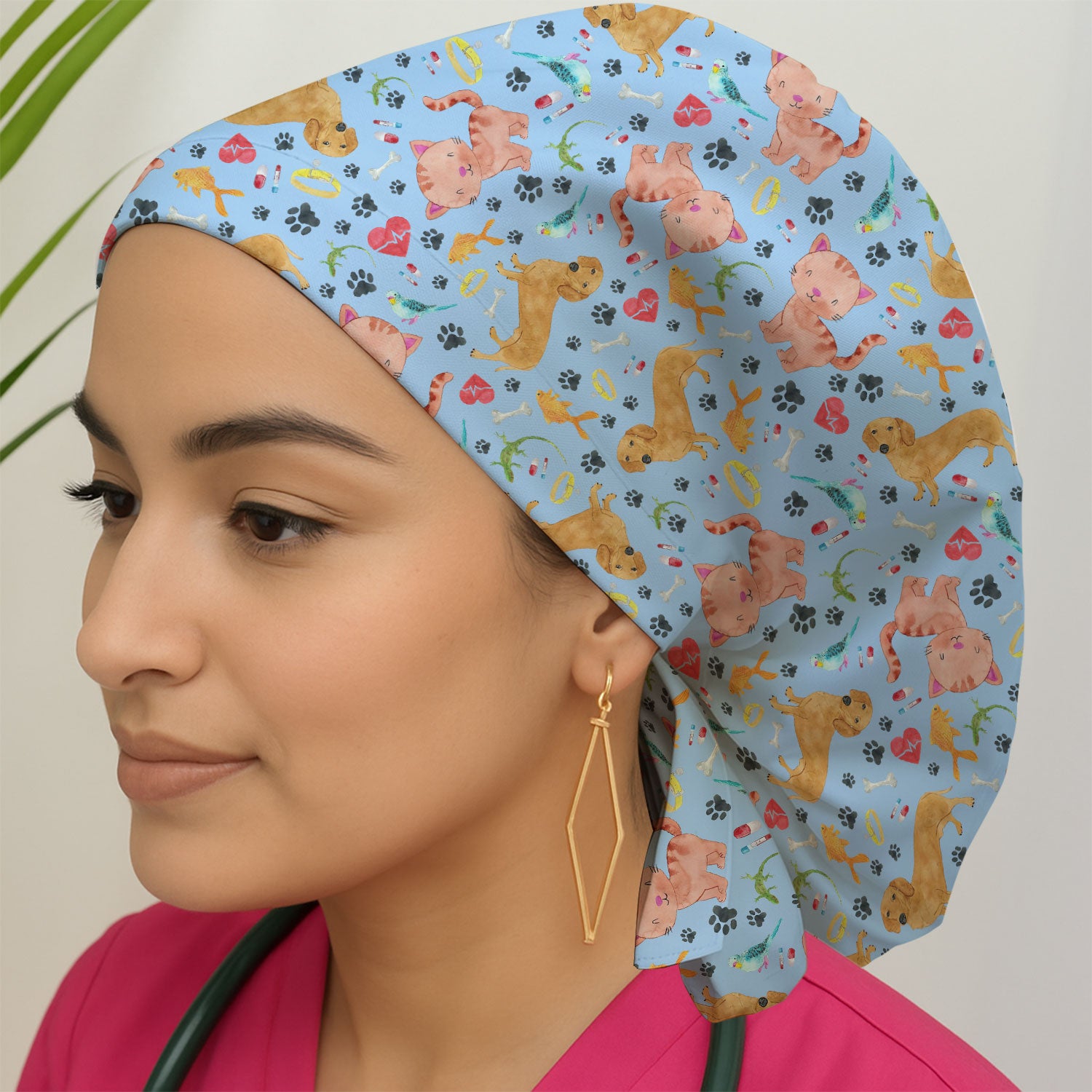 Cute Cat Dog Bouffant Scrub Caps for Women - Funny Veterinary Surgical Caps for Doctors - Breathable Fabrics Caps Uniform