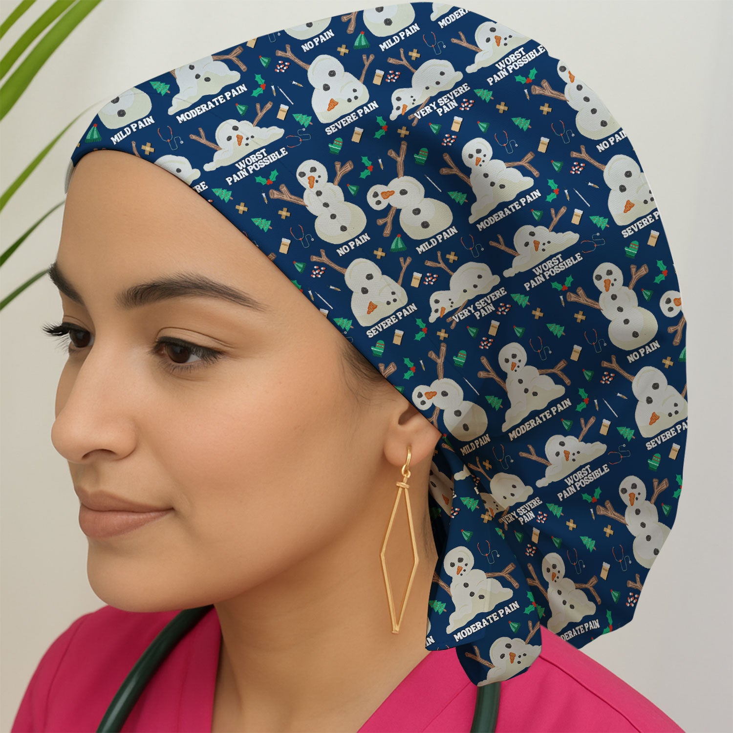 Funny Snowman Pain Scale Bouffant Scrub Caps for Women - Christmas Holiday Nursing Gift