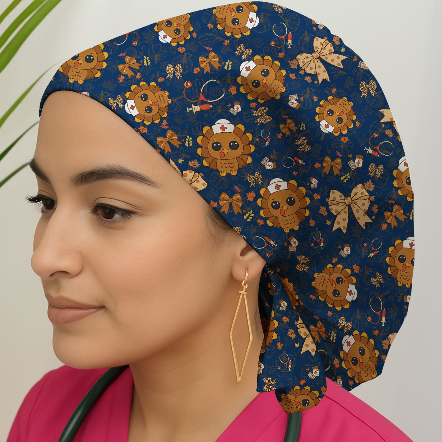 Thanksgiving Bouffant Scrub Caps for Women - Fall Leaves and Bow Holiday Nursing Gift - Breathable Fabrics Caps Uniform
