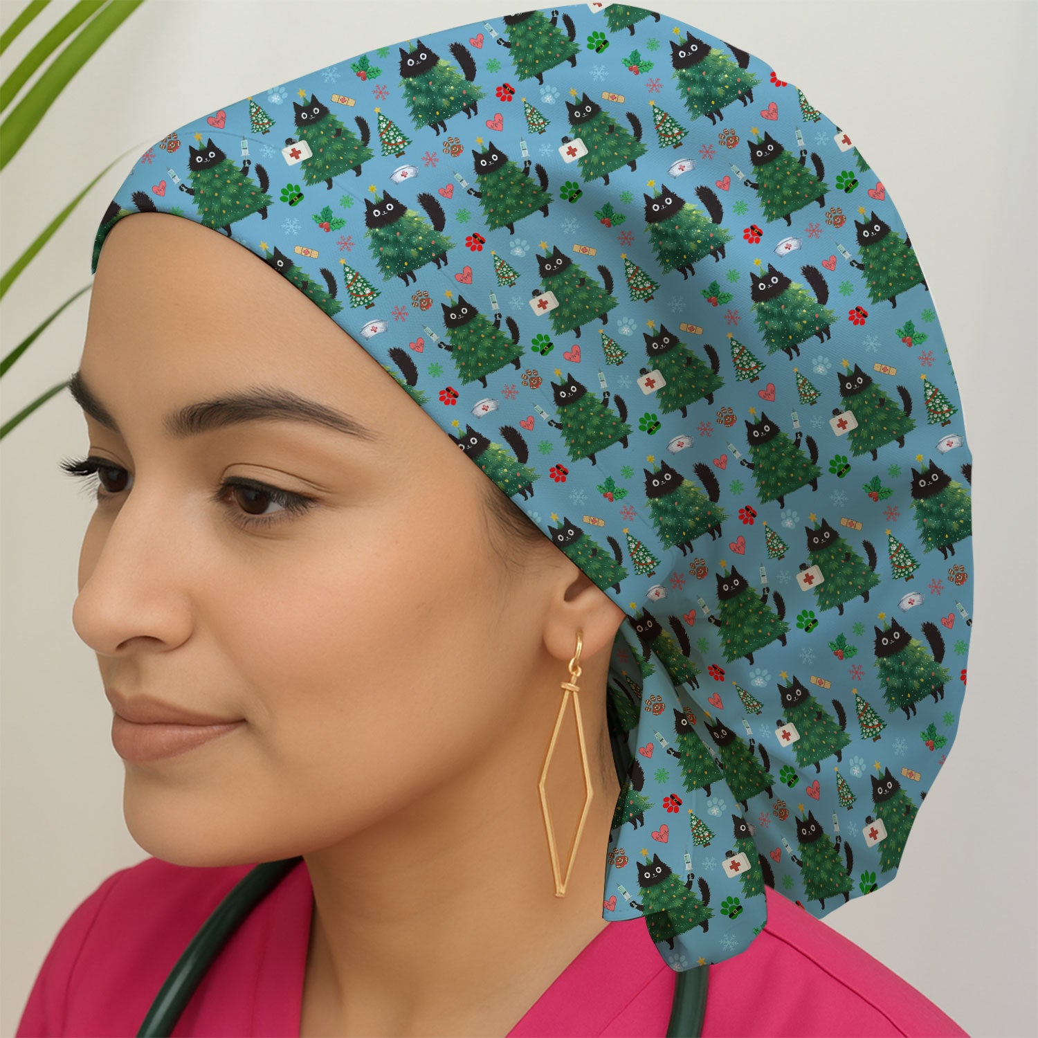Christmas Nurse Scrub Cap, Xmas Black Cat Pattern Nurse Hat,  Breathable Fabrics Nursing Uniform
