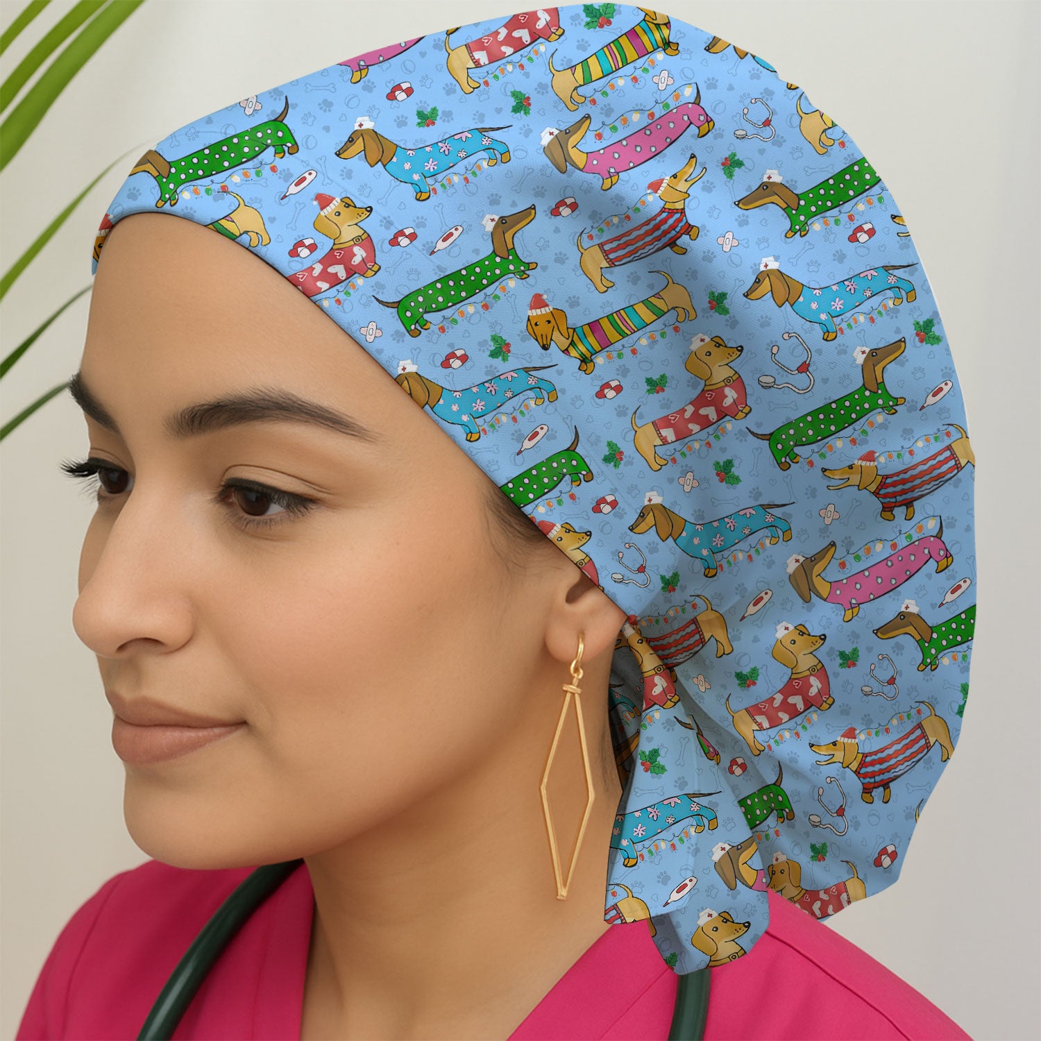 Funny Dachshund Bouffant Scrub Caps for Women - Cute Wiener Dog Holiday Nursing Gift - Puppy Lover Gift