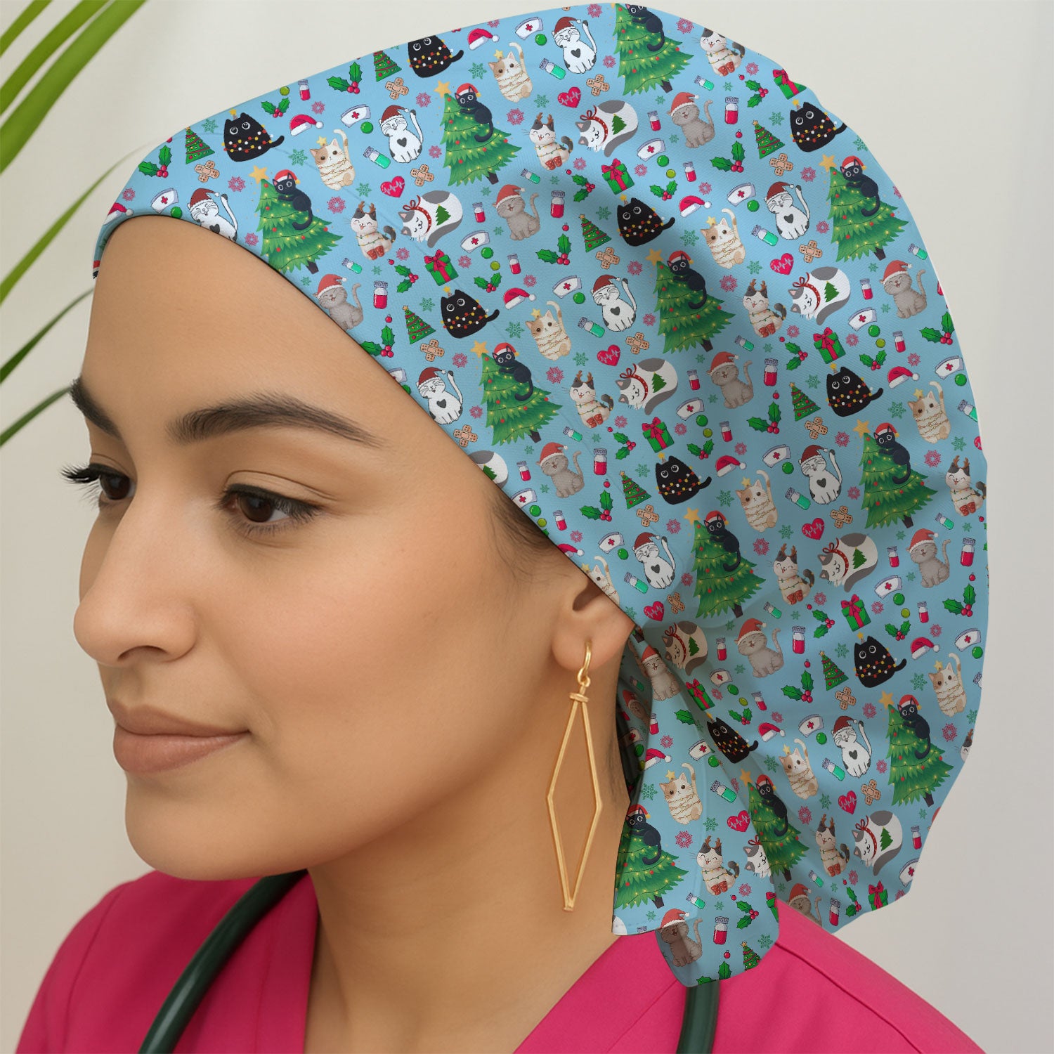 Christmas Cat Scrub Hat, Xmas Pet Pattern Scrub Cap, Breathable Fabrics Nursing Uniform