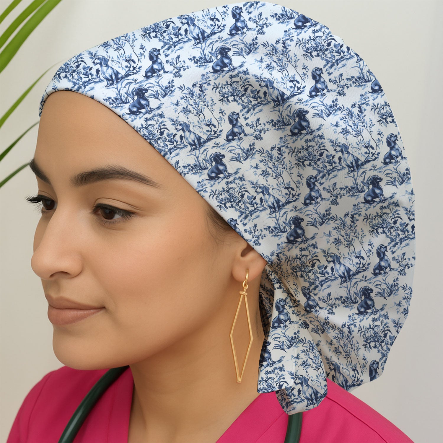 Toile de Jouy Dog Scrub Cap – Elegant Blue Dachshund Pattern – Cute Medical Uniform for Nurses, Vets, and Animal Care Workers