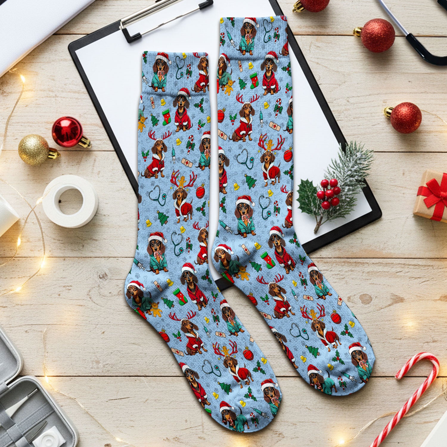 Christmas Dachshund Socks for Nurse Doctor - Cute Sausage Dog Funny Reindeer & Santa Adult Socks for Men and Women