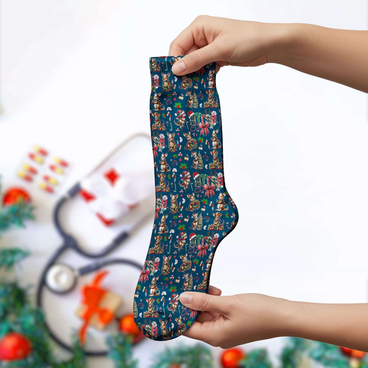 Whimsical Kangaroo Christmas Scrub Socks – Festive Australian Animals Holiday Pattern – Cute Medical Uniform for Nurses, Vets & Healthcare Workers