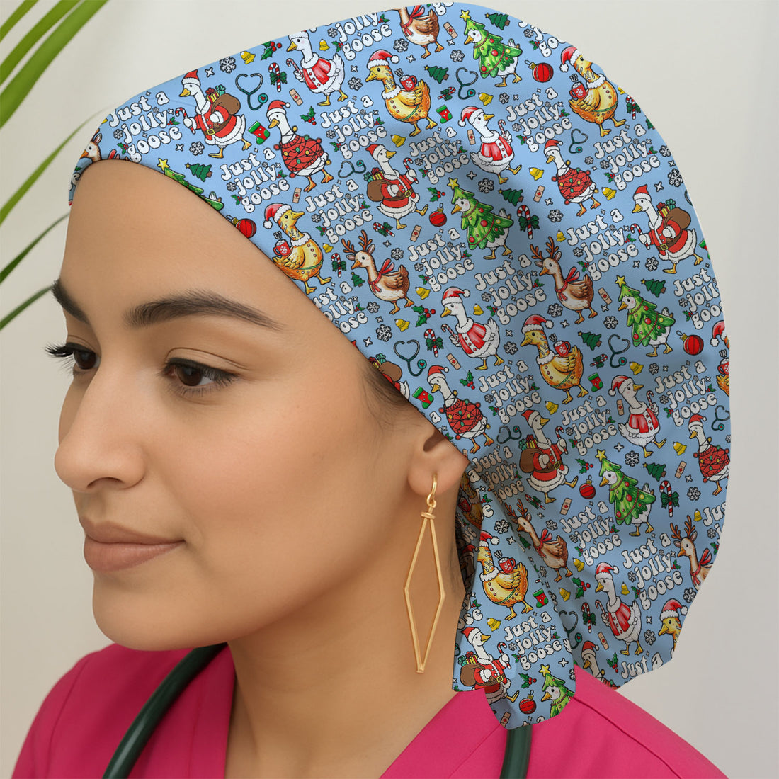 Just a Jolly Goose Bouffant Scrub Caps for Women - Santa Goose Holiday Nursing Gift - Breathable Fabrics Caps Uniform