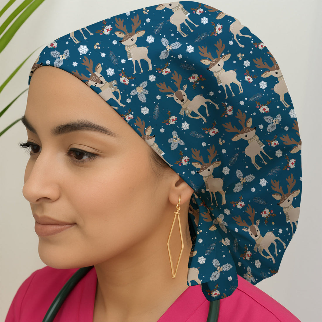 Reindeer Christmas Bouffant Scrub Caps for Women - Cozy Holiday Cute Deer Holiday Nursing Gift - Breathable Fabrics Caps Uniform