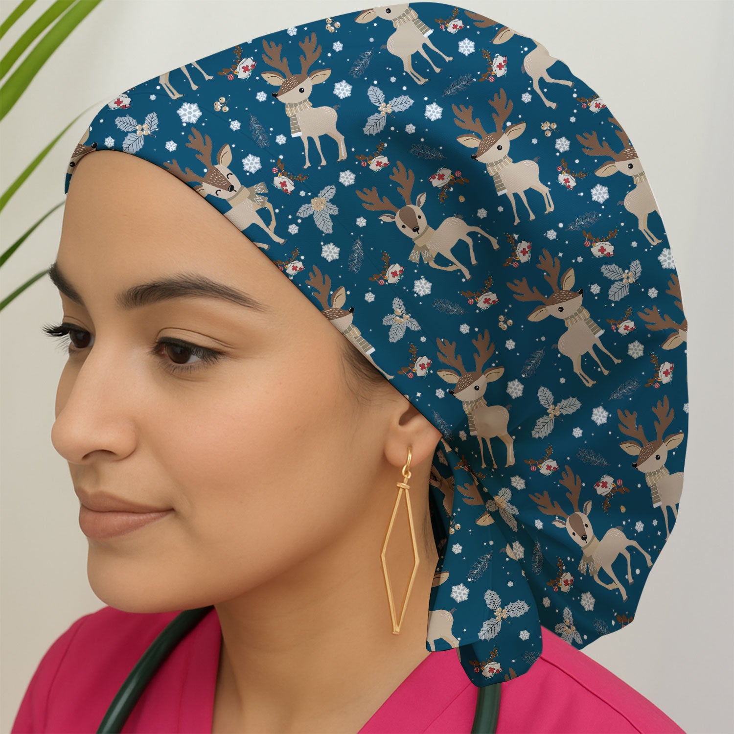 Reindeer Christmas Bouffant Scrub Caps for Women - Cozy Holiday Cute Deer Holiday Nursing Gift - Breathable Fabrics Caps Uniform