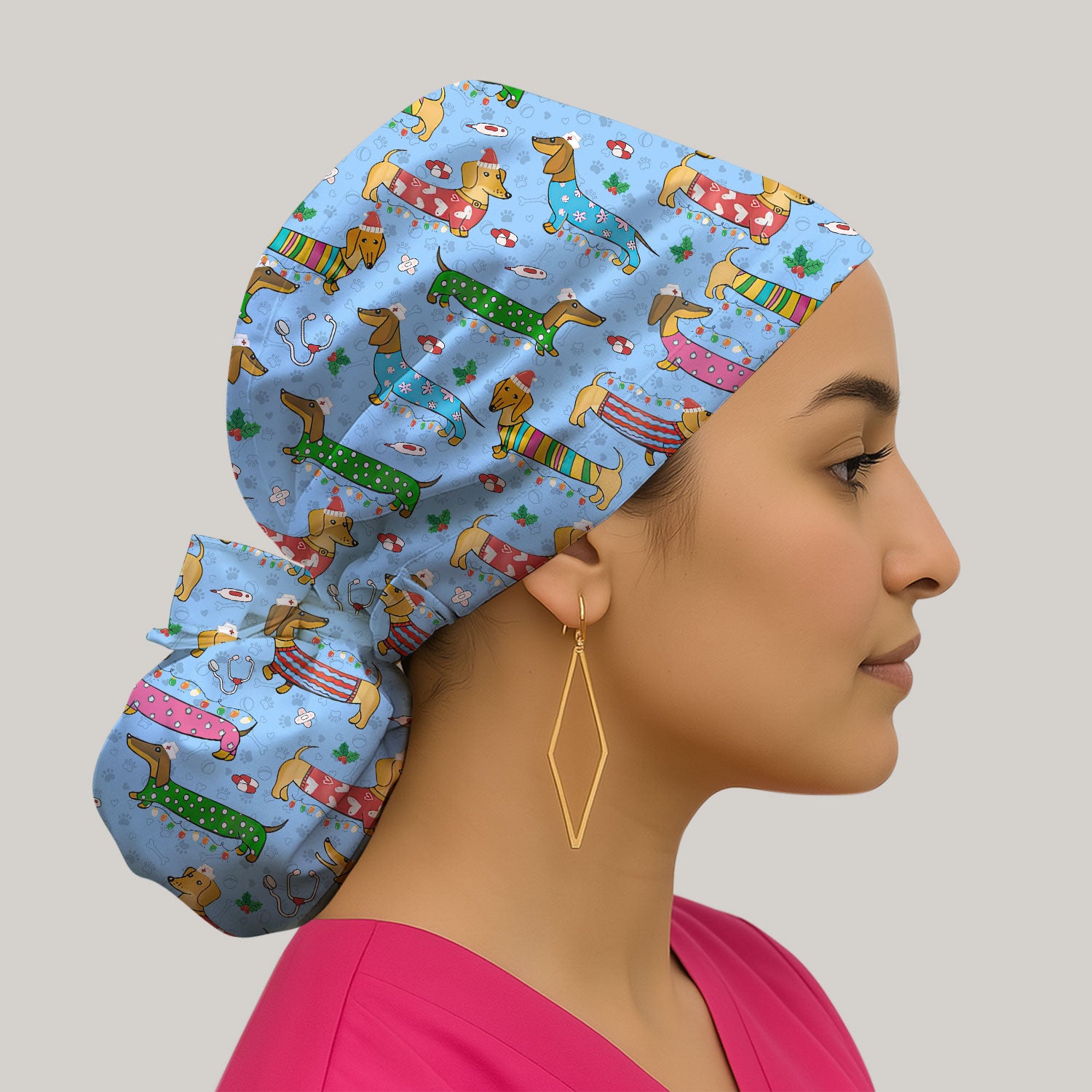 Funny Dachshund Bouffant Scrub Caps for Women - Cute Wiener Dog Holiday Nursing Gift - Puppy Lover Gift