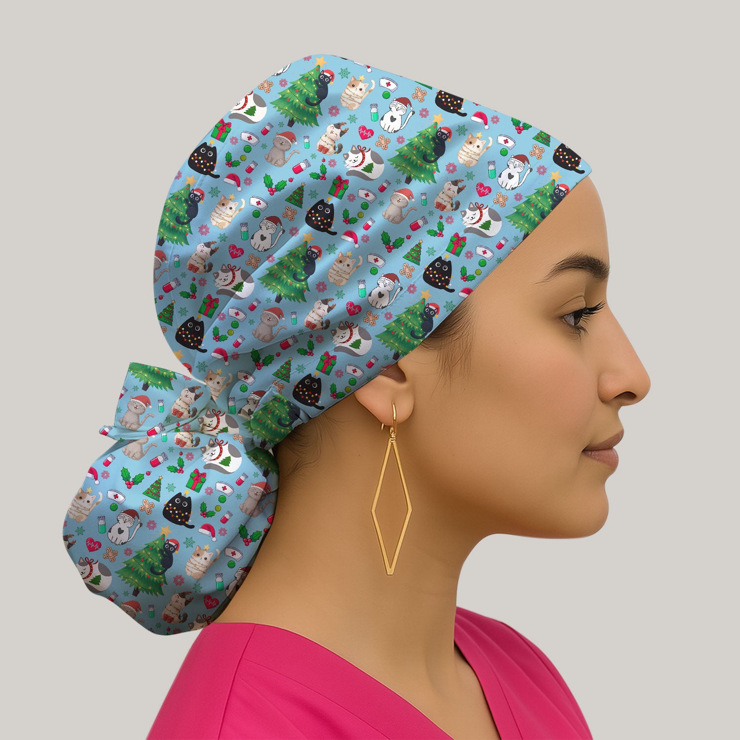 Christmas Cat Scrub Hat, Xmas Pet Pattern Scrub Cap, Breathable Fabrics Nursing Uniform