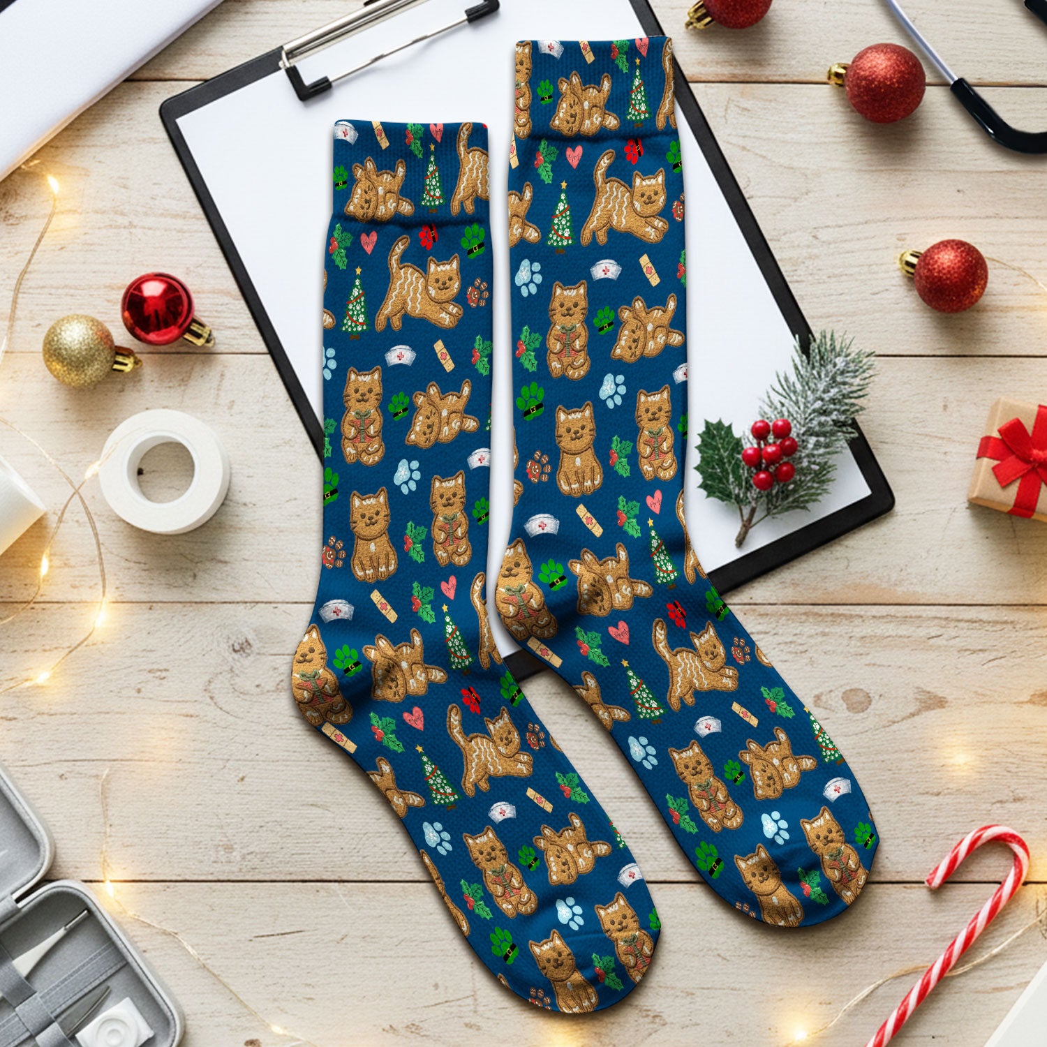 Gingerbread Cat Christmas Scrub Socks, Cute Holiday Kitty Medical Uniform Sock For Nursing, Festive Nurse Pattern