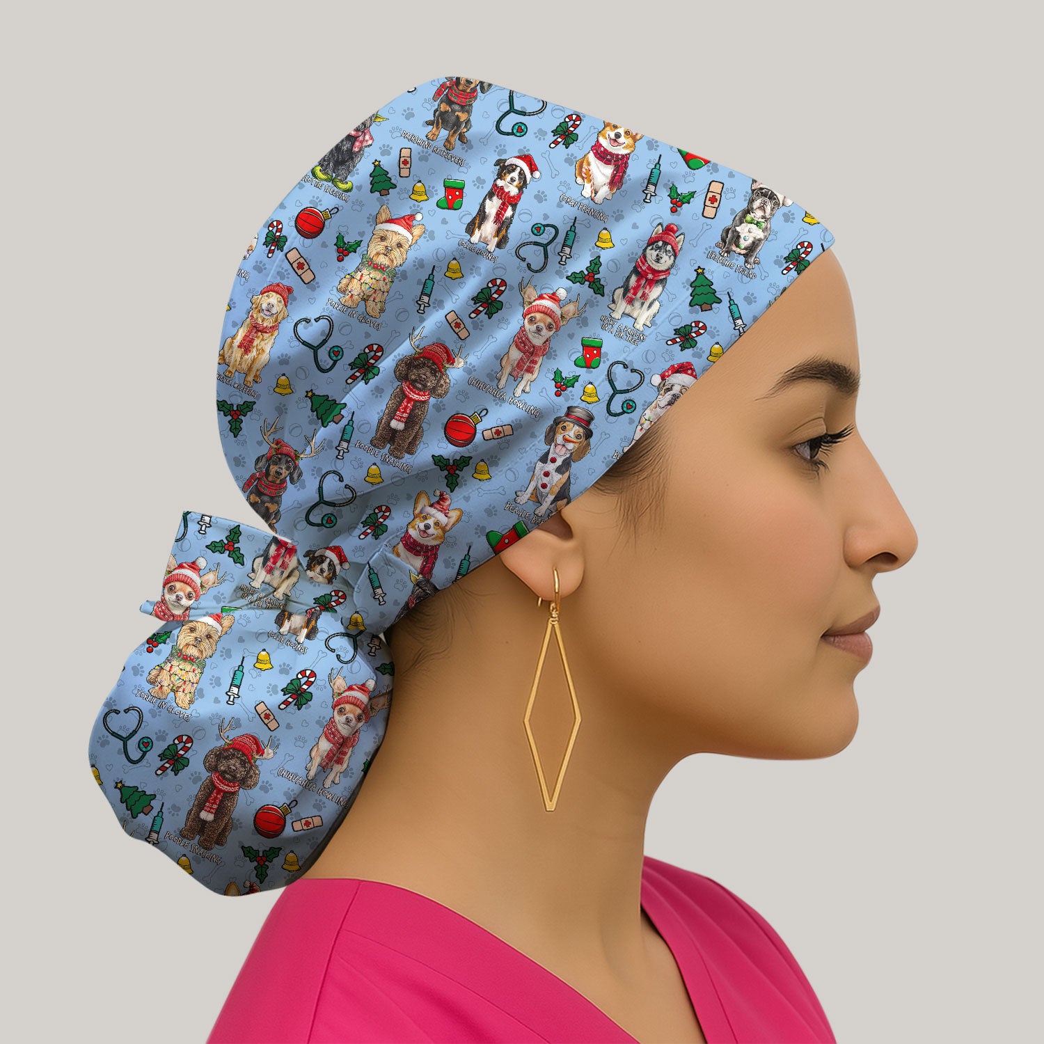 Cute Christmas Dog Bouffant Scrub Caps for Women - Corgi, Dachshund, Husky, Poodle & Labrador Surgical Caps for Doctors - Breathable Fabrics Caps Uniform