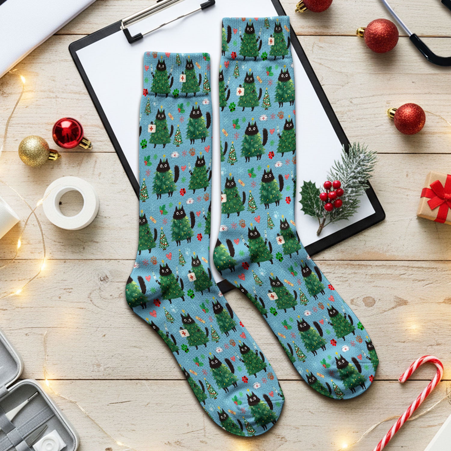 Christmas Nurse Scrub Socks, Xmas Black Cat Pattern Nurse Sock,  Breathable Fabrics Nursing Uniform