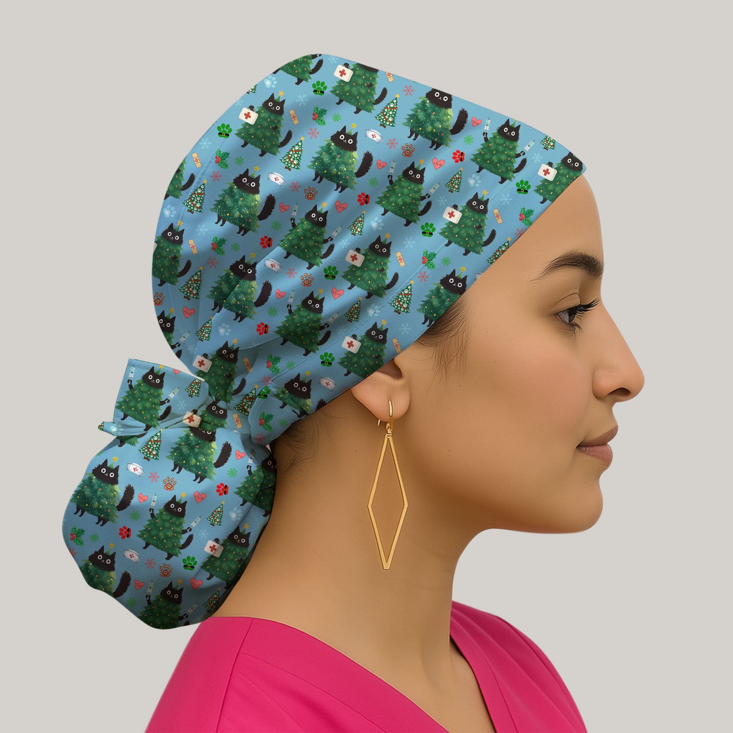 Christmas Nurse Scrub Cap, Xmas Black Cat Pattern Nurse Hat,  Breathable Fabrics Nursing Uniform