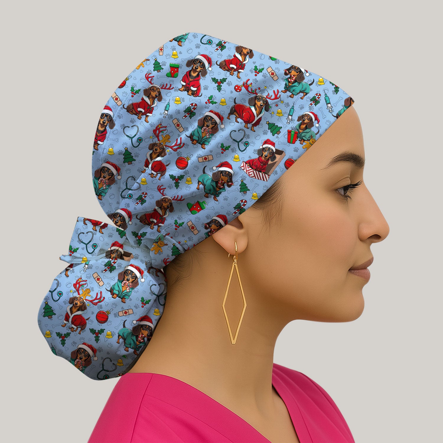 Christmas Dachshund Bouffant Scrub Caps for Women - Cute Sausage Dog Holiday Caps - Funny Reindeer & Santa - Breathable Fabrics Caps Uniform