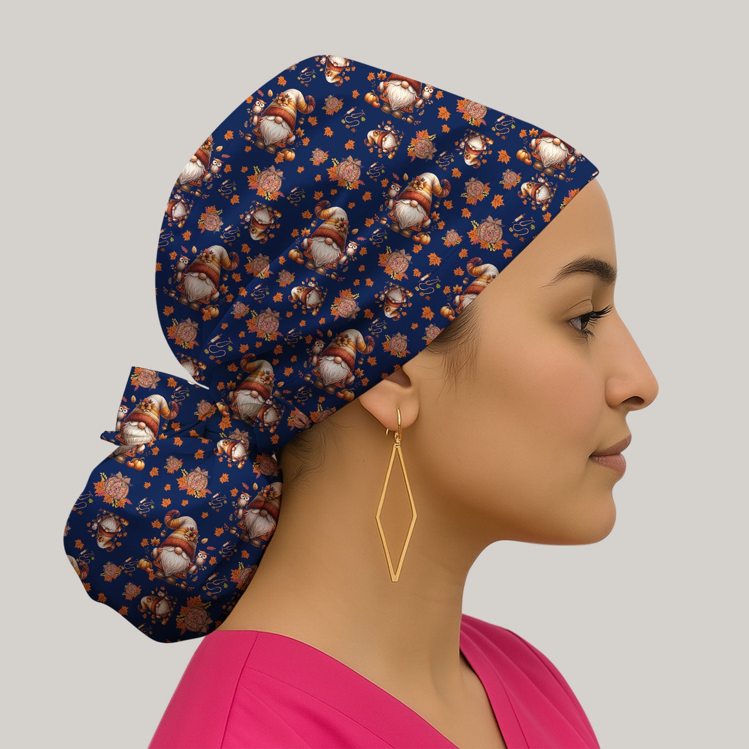 Autumn Leaves Pumpkin Bouffant Scrub Caps for Women - Thanksgiving Surgical Caps for Doctors - Gnome Lover Gift for Her