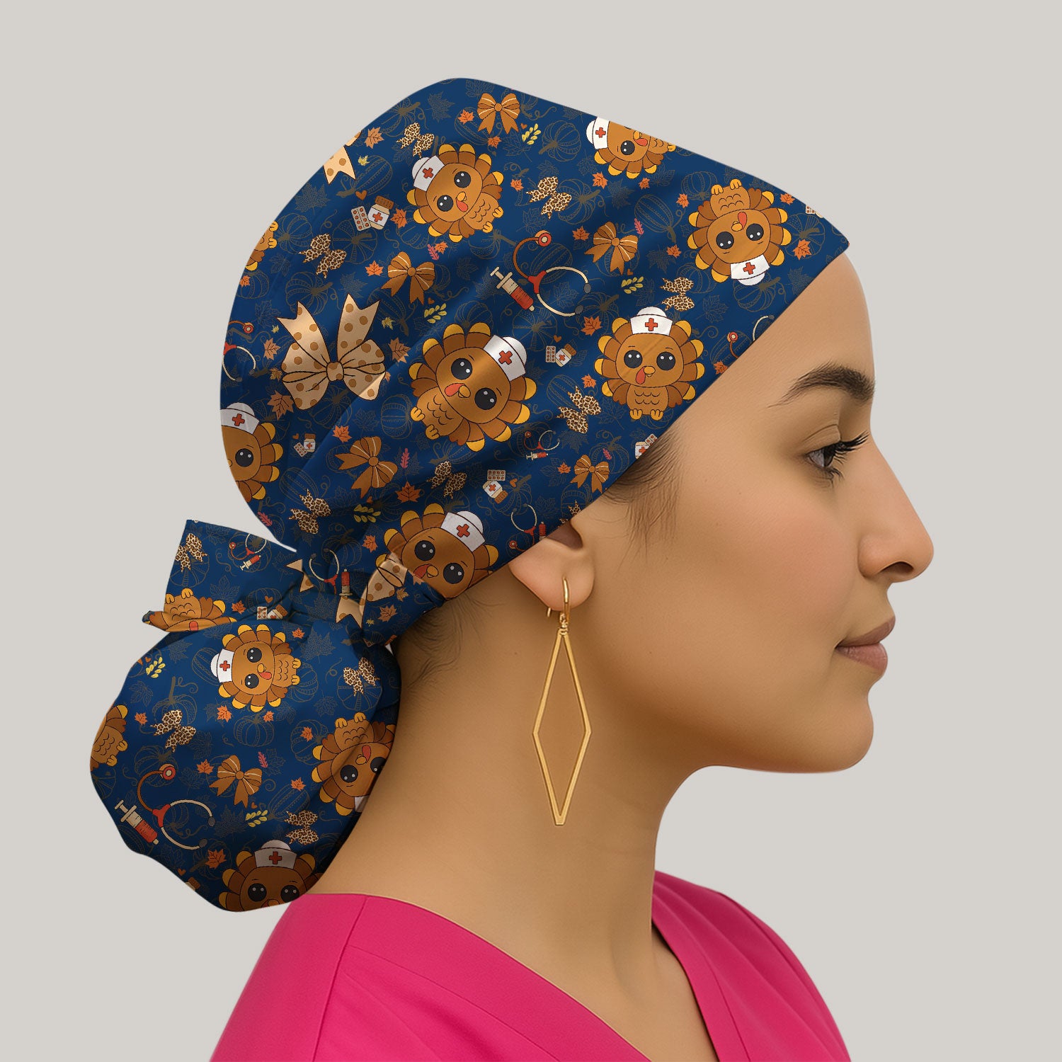 Thanksgiving Bouffant Scrub Caps for Women - Fall Leaves and Bow Holiday Nursing Gift - Breathable Fabrics Caps Uniform