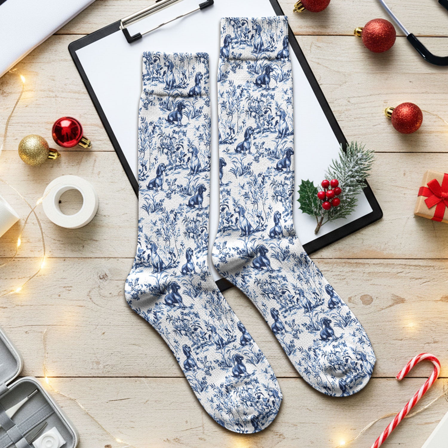 Toile de Jouy Dog Scrub Socks – Elegant Blue Dachshund Pattern – Cute Medical Uniform for Nurses, Vets, and Animal Care Workers