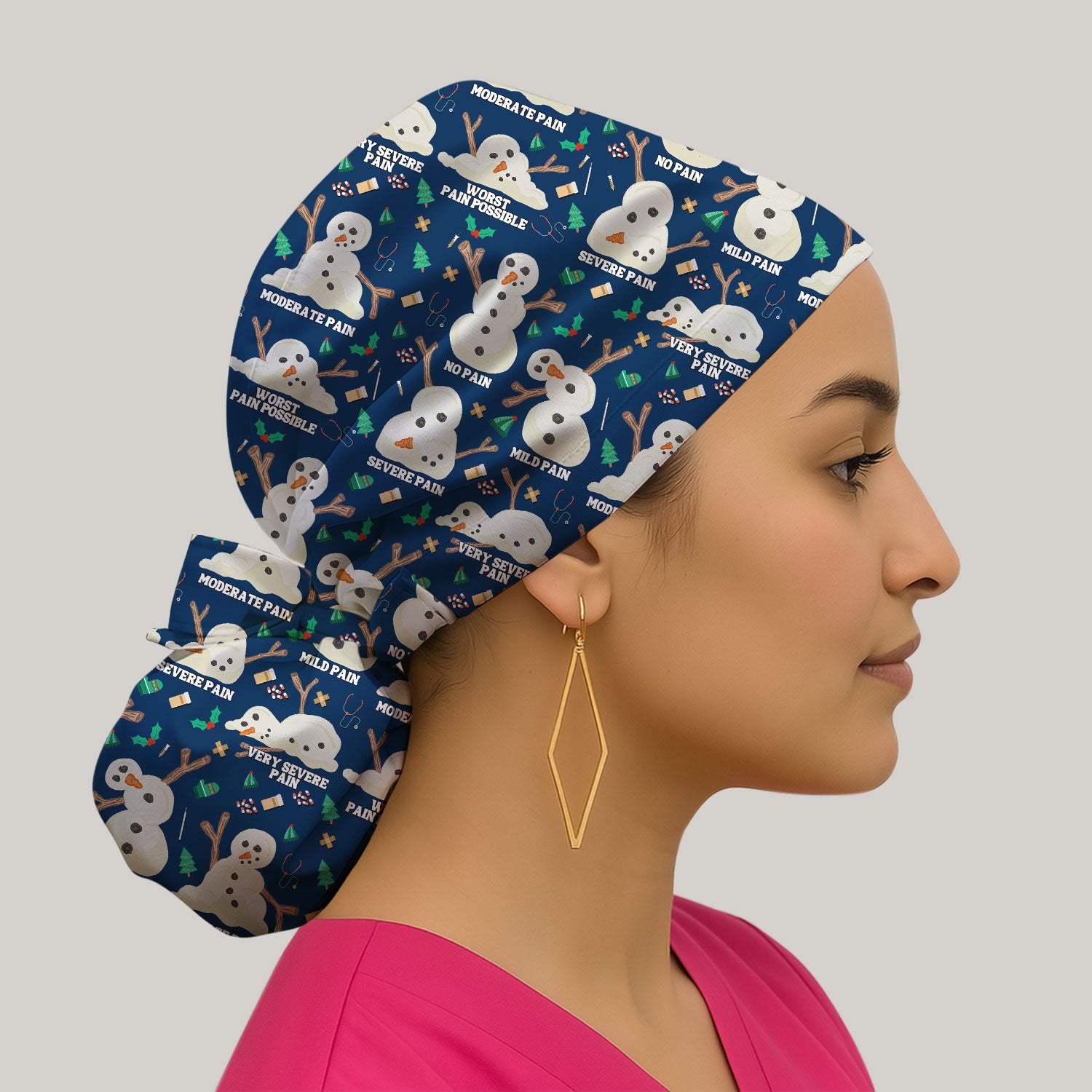 Funny Snowman Pain Scale Bouffant Scrub Caps for Women - Christmas Holiday Nursing Gift