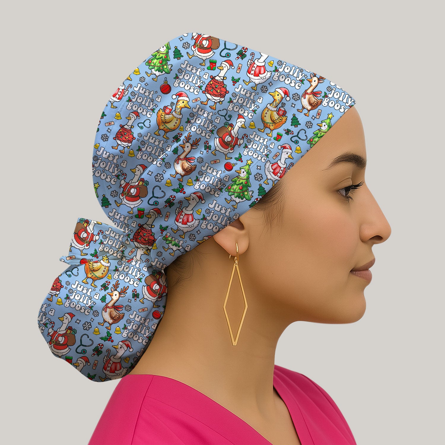 Just a Jolly Goose Bouffant Scrub Caps for Women - Santa Goose Holiday Nursing Gift - Breathable Fabrics Caps Uniform