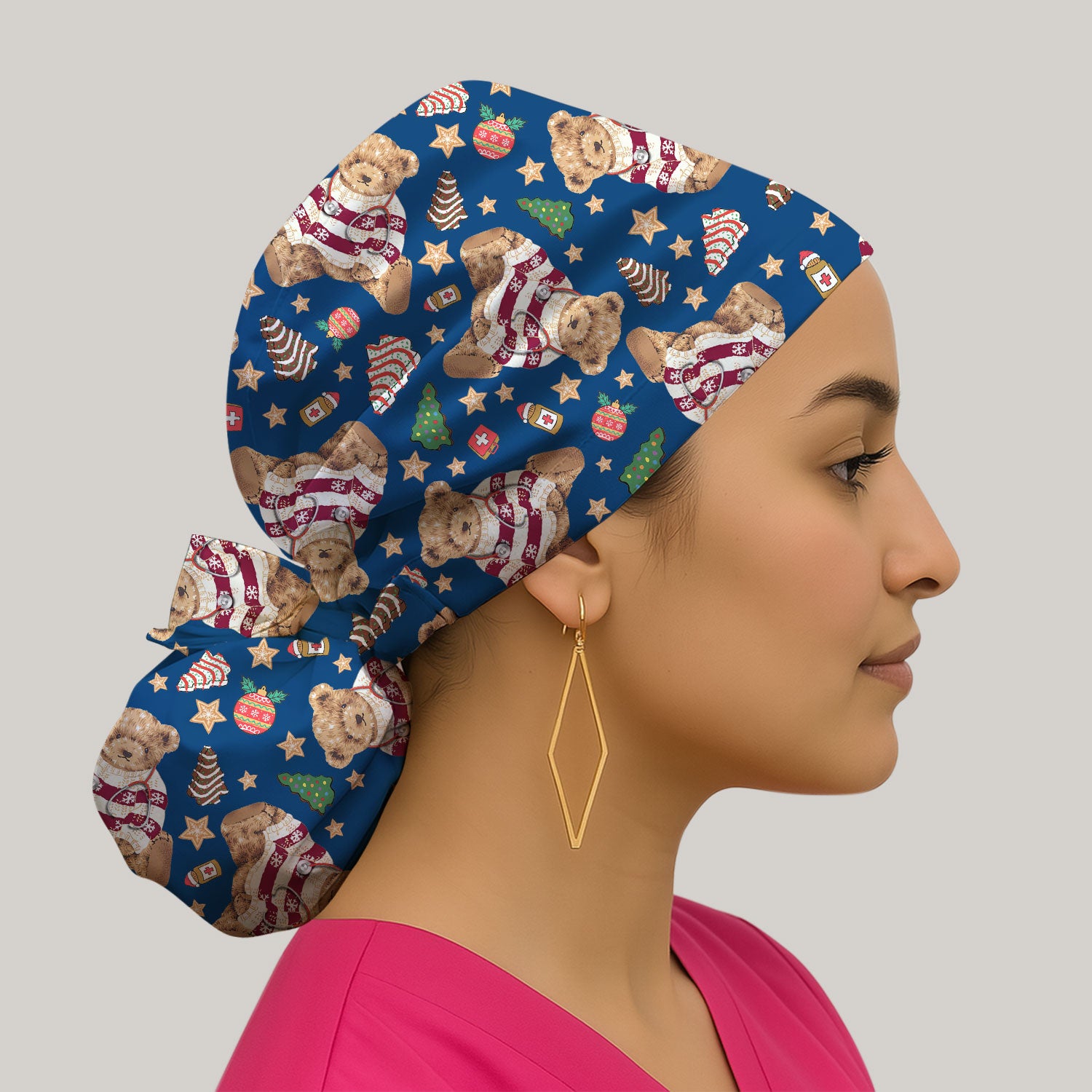 Teddy Bear Christmas Bouffant Scrub Caps for Women - Festive Holiday Nursing Gift - Breathable Fabrics Caps Uniform