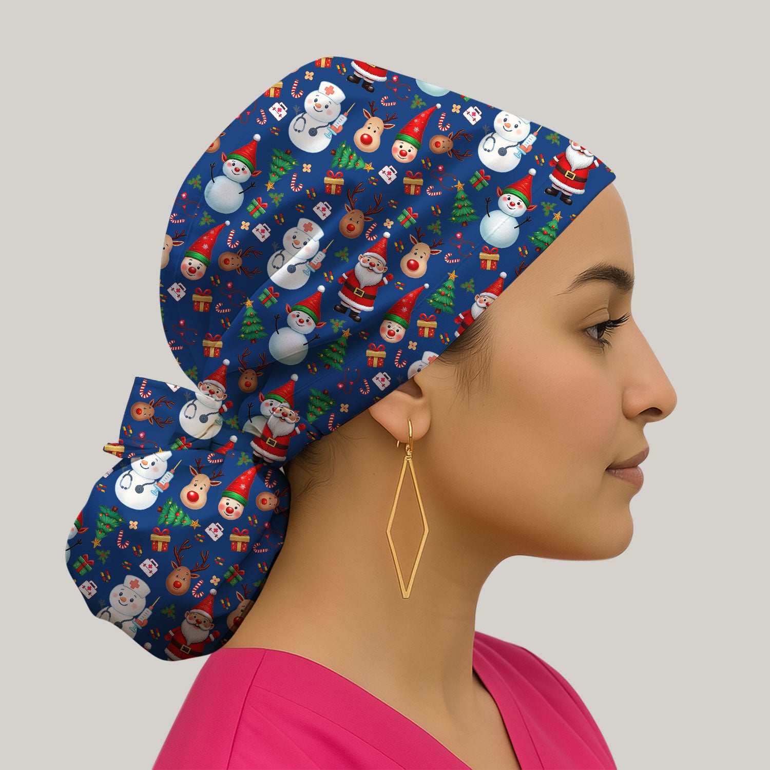 Christmas Bouffant Scrub Caps for Women - Cute Snowman Reindeer Santa Surgical Caps for Doctors - Breathable Fabrics Caps Uniform