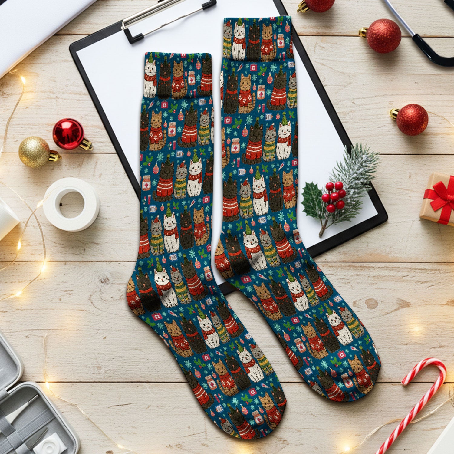 Christmas Cat Nurse Socks, Funny Holiday Medical Socks, Cute RN Gift For Nurses, Cat Lover Xmas Socks