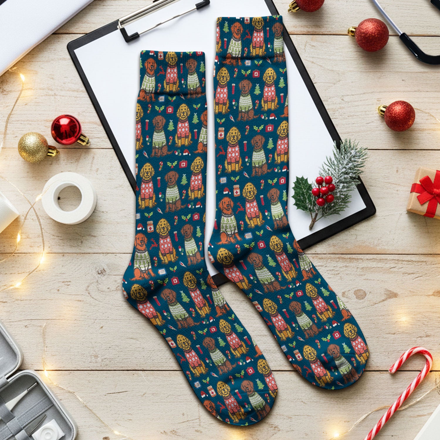 Golden Retriever Christmas Scrub Socks, Cute Holiday Dog Nurse Pattern Sock, Breathable Fabrics Nursing Uniform