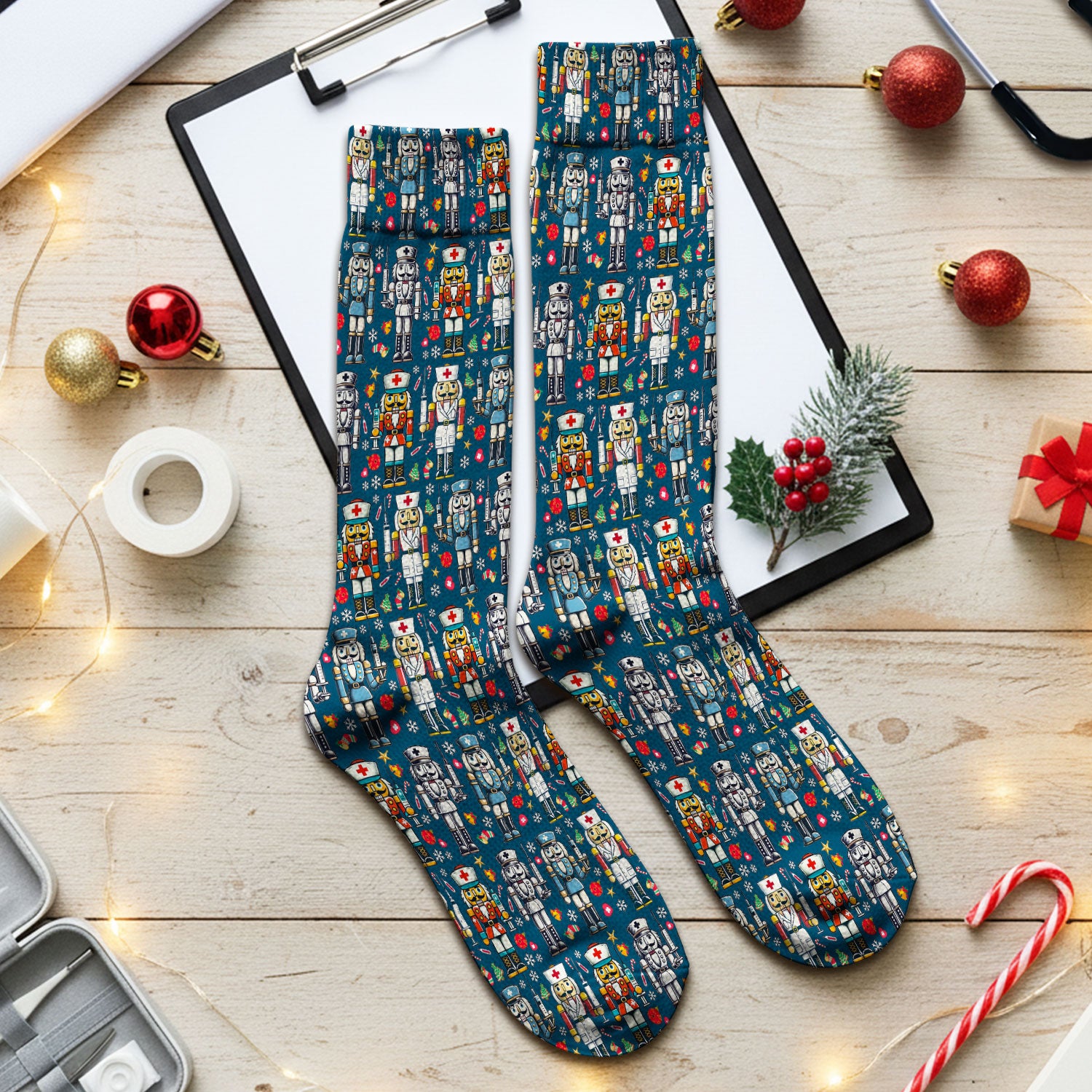 Funny Nutcracker Christmas Socks – Cute Holiday Nurse Pattern Sock – Festive Medical Uniform for RN, LPN, CNA, and Healthcare Workers